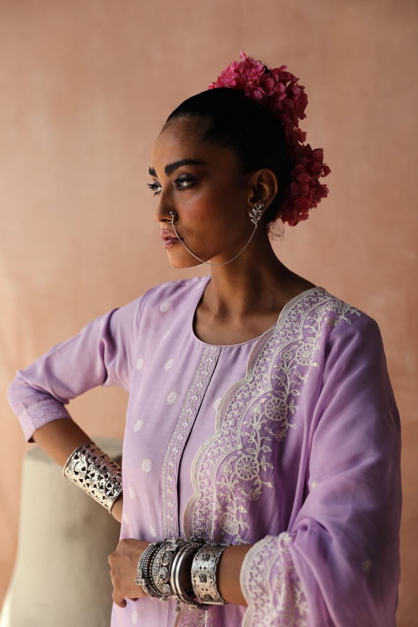 Lavender Straight Fit Cotton Silk Suit Set | HER-236