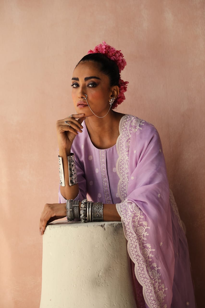 Lavender Straight Fit Cotton Silk Suit Set | HER-236