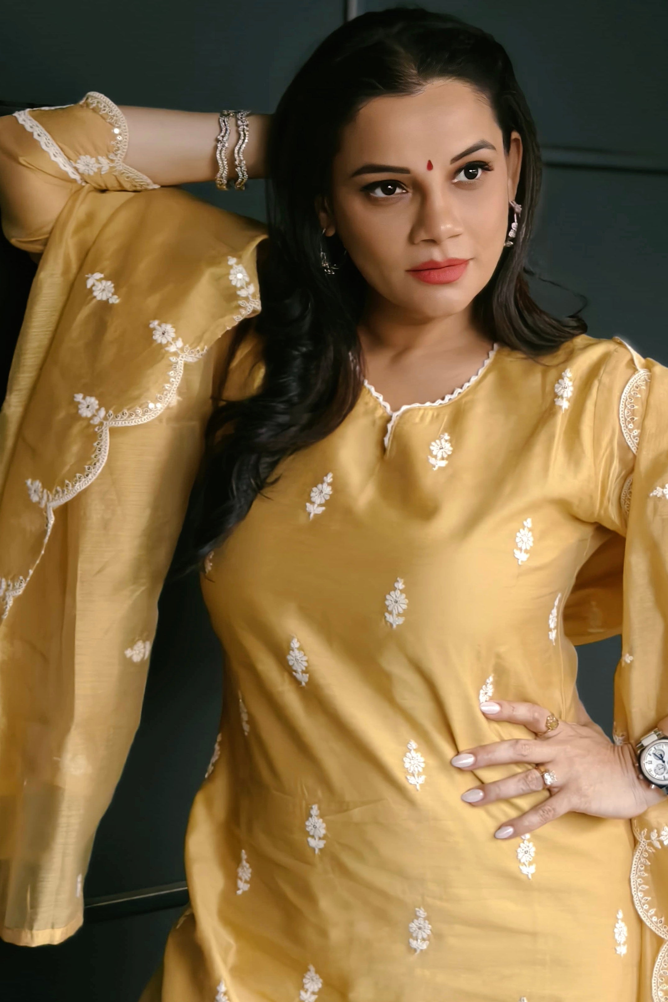 Mustard Yellow Hand-Embroidered Chanderi Suit Set | HER-406