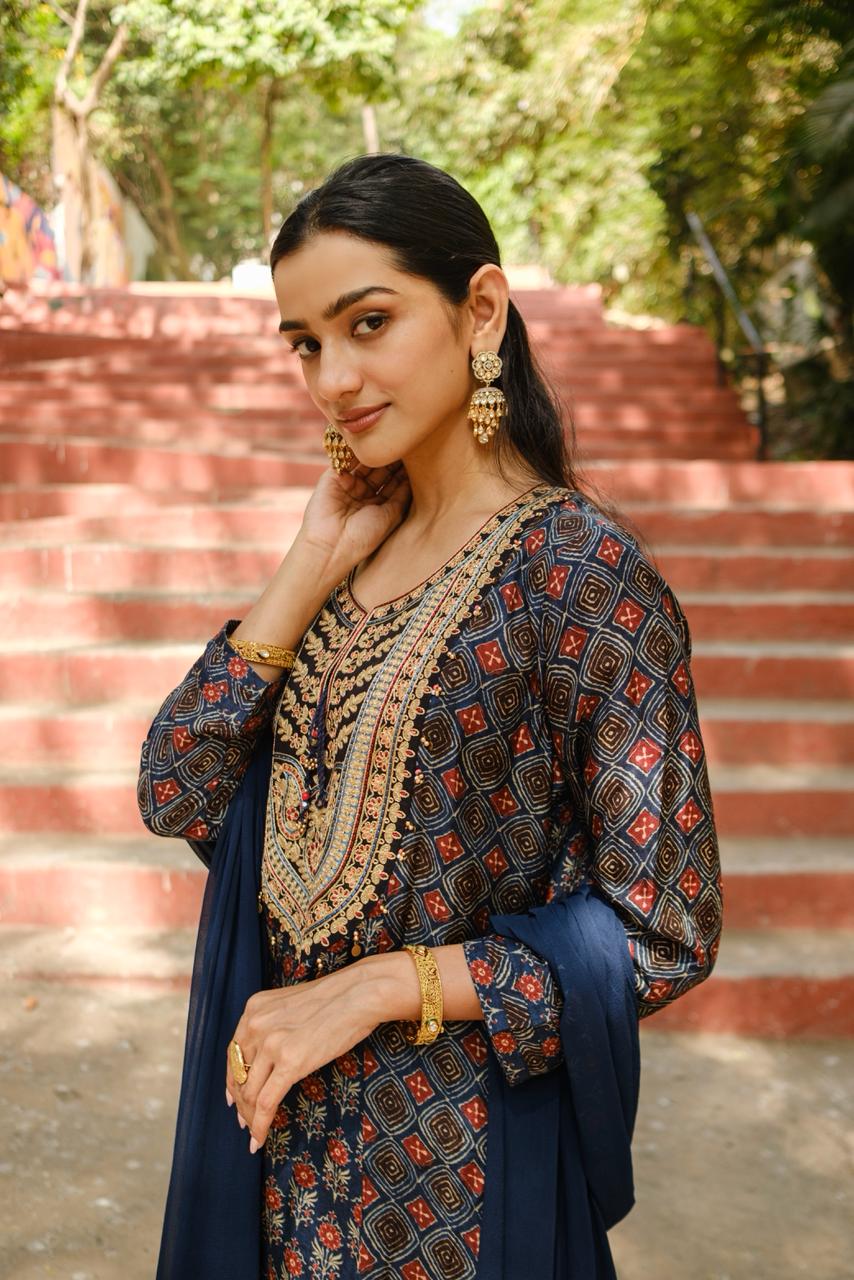 Blue Ajrakh A-Line Chanderi Silk Suit Set | HER-635 x Prachi