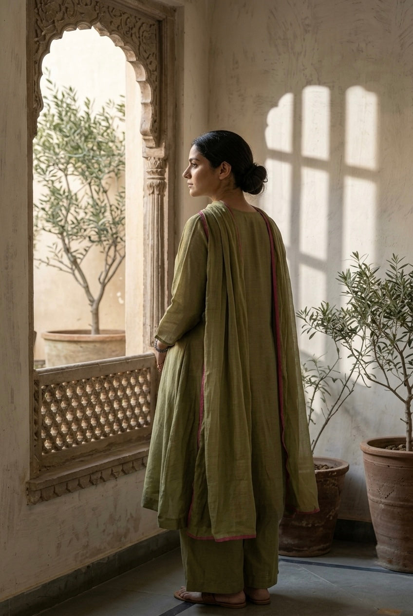 Olive Green Embellished Mul Chanderi A-Line Suit Set