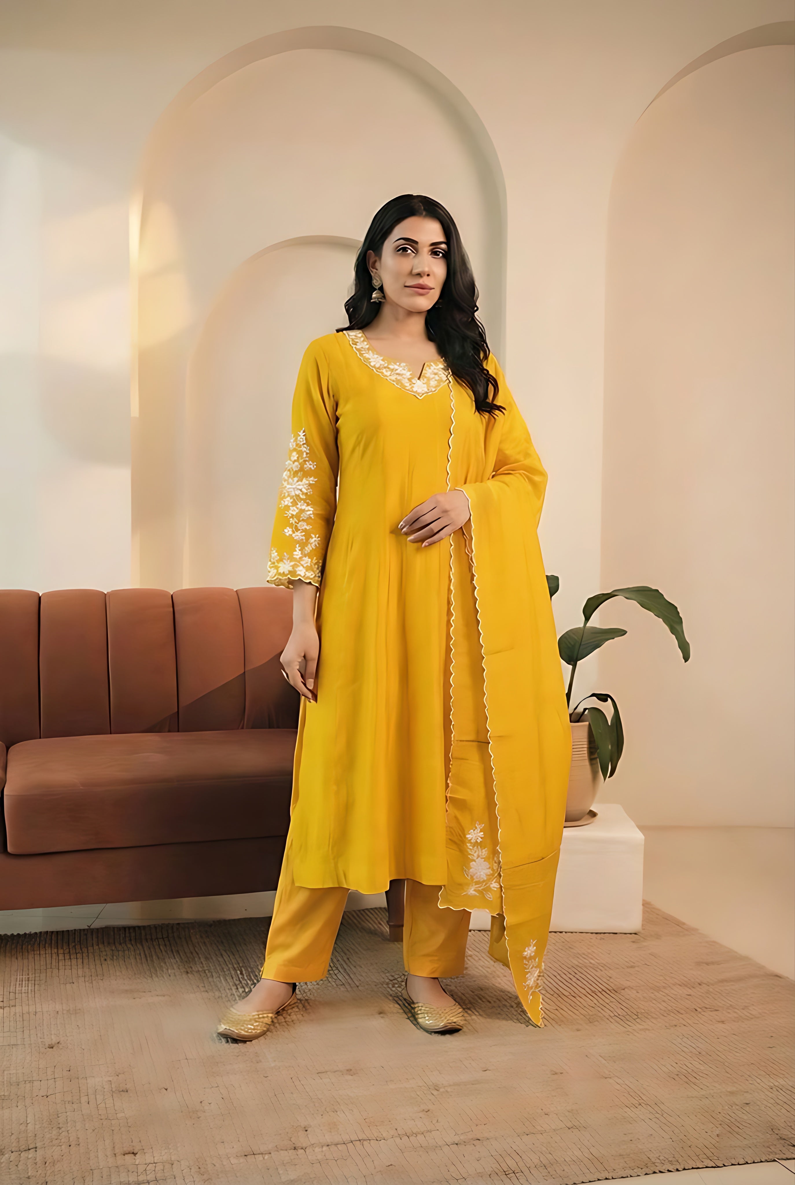 Zariyah Mustard Yellow Embroidered Suit Set | HER-588