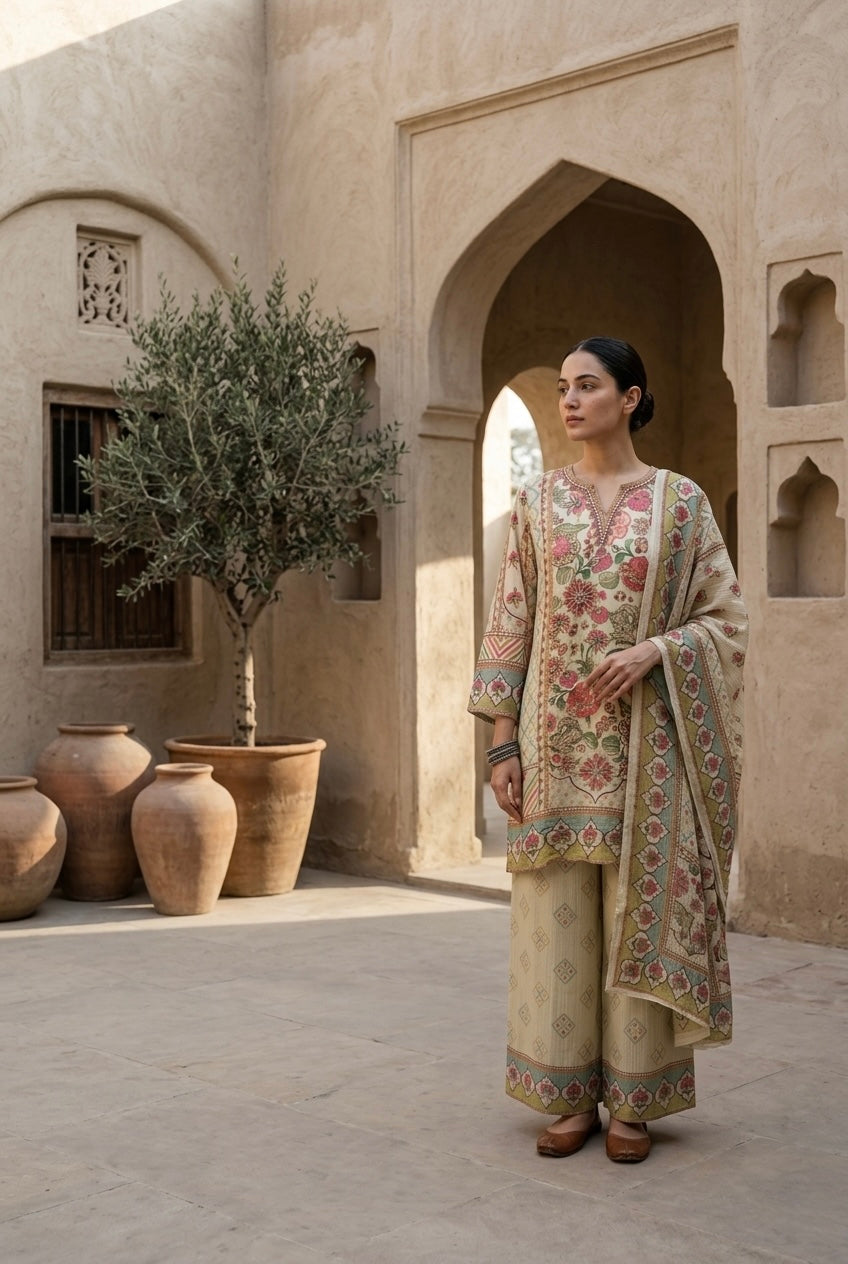Ecru/Beige Crushed Tissue Floral Suit Set | HER-776