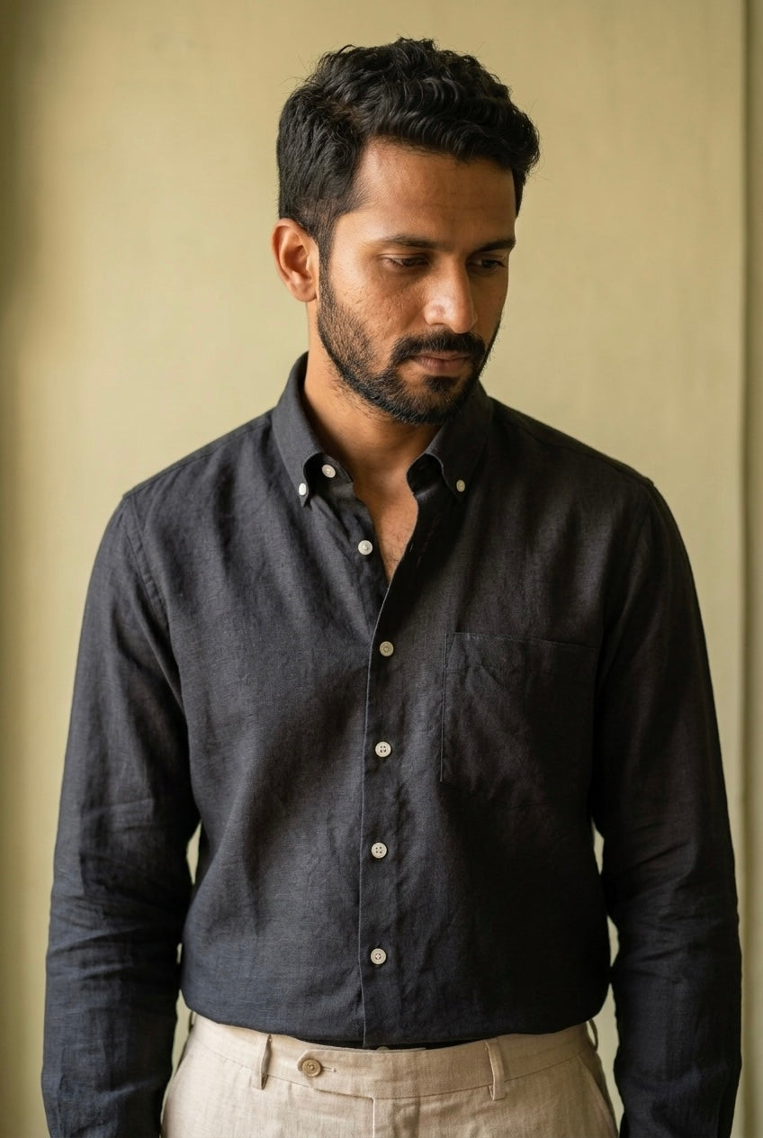 Black Men’s Pure Linen Full Sleeves Shirt