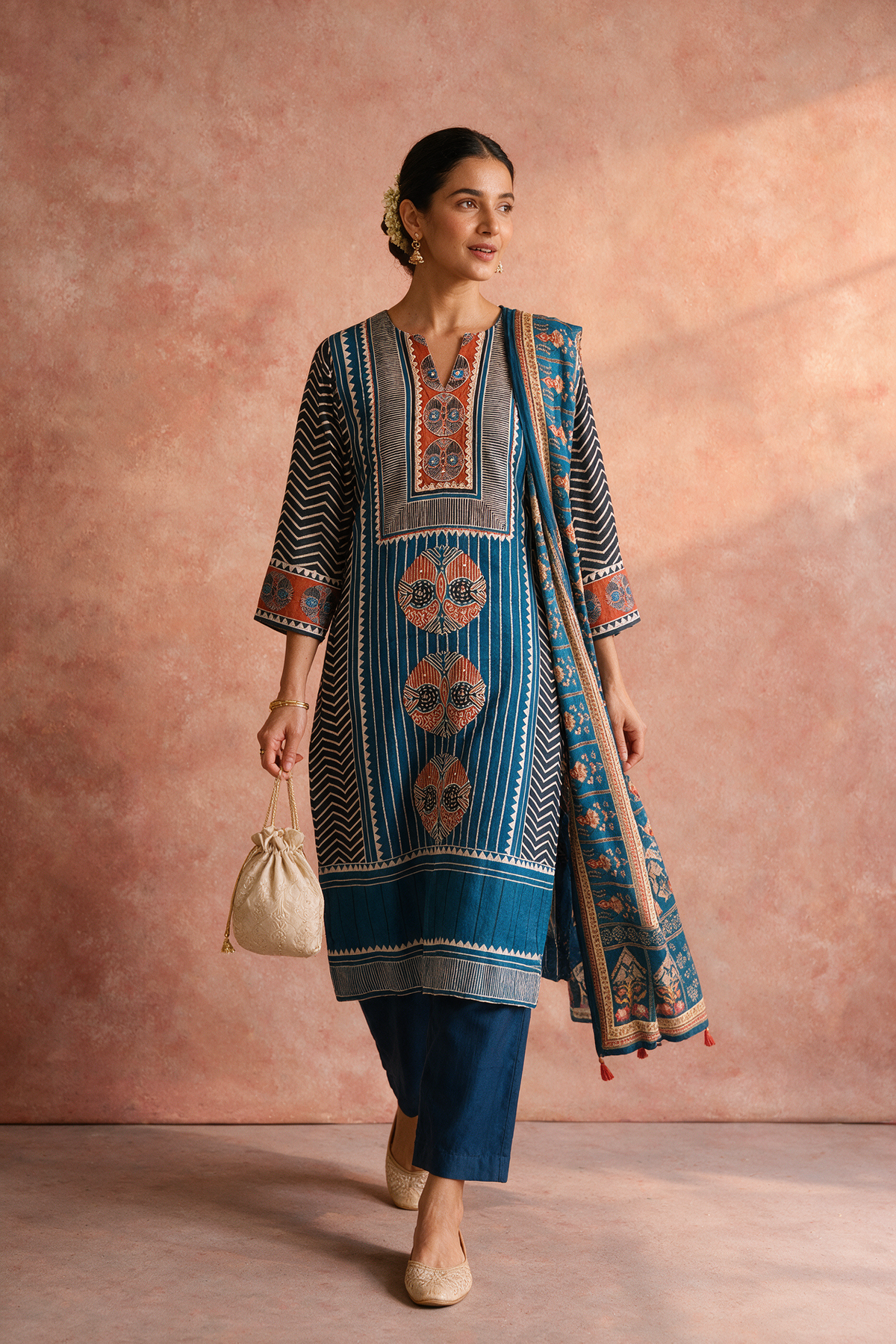 Indigo Motif Printed Muslin Suit Set