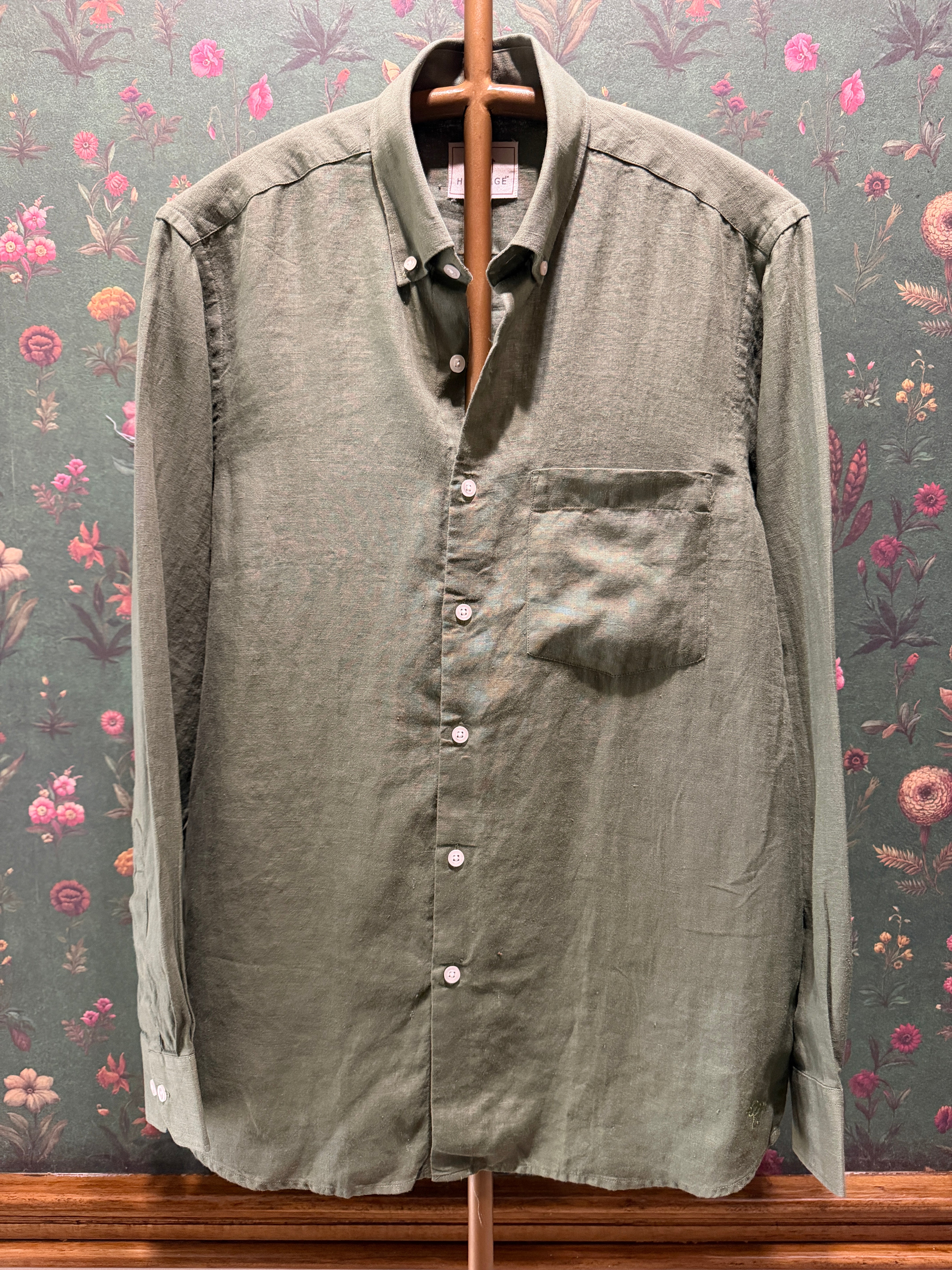 Men’s Sage Olive Green Pure Linen Full Sleeves Shirt