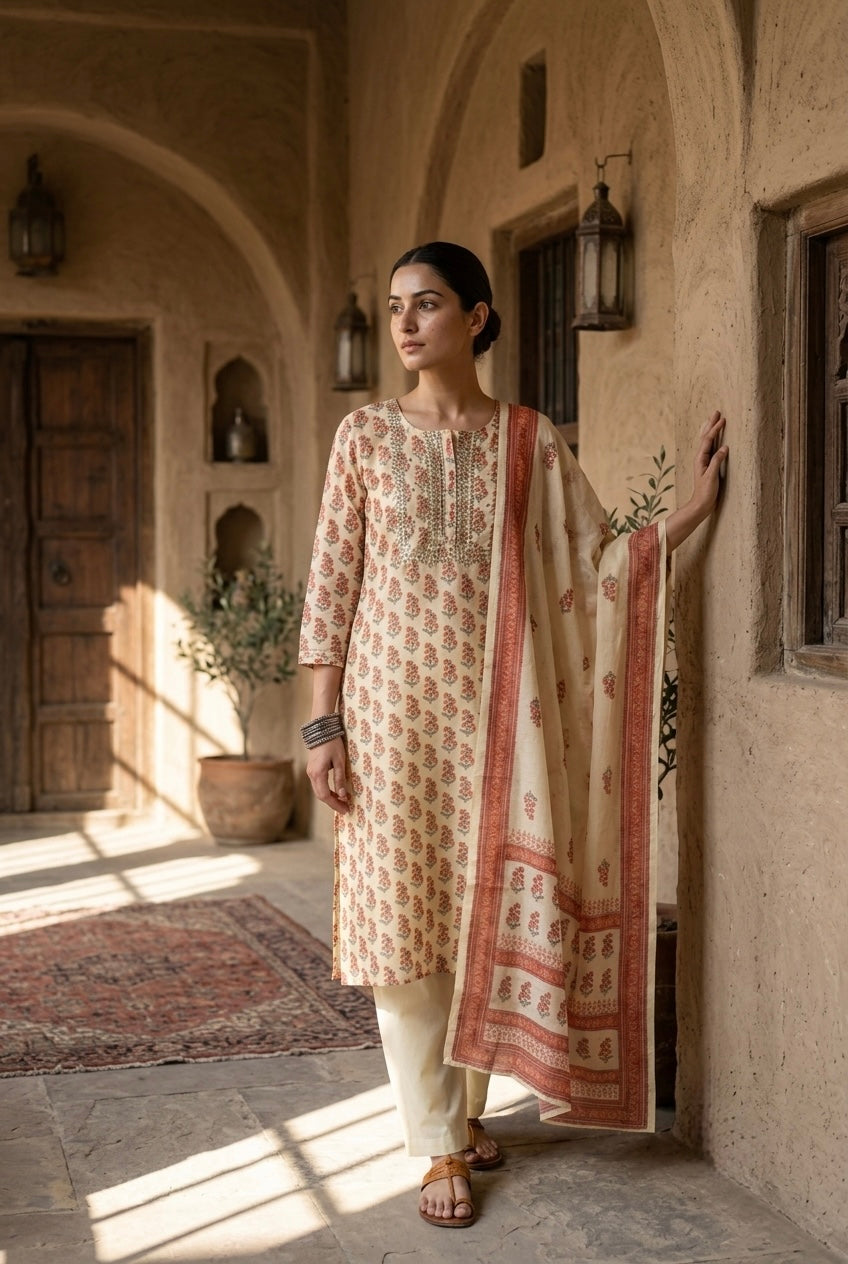 Gulmohar Ivory Chanderi Suit Set | HER-213