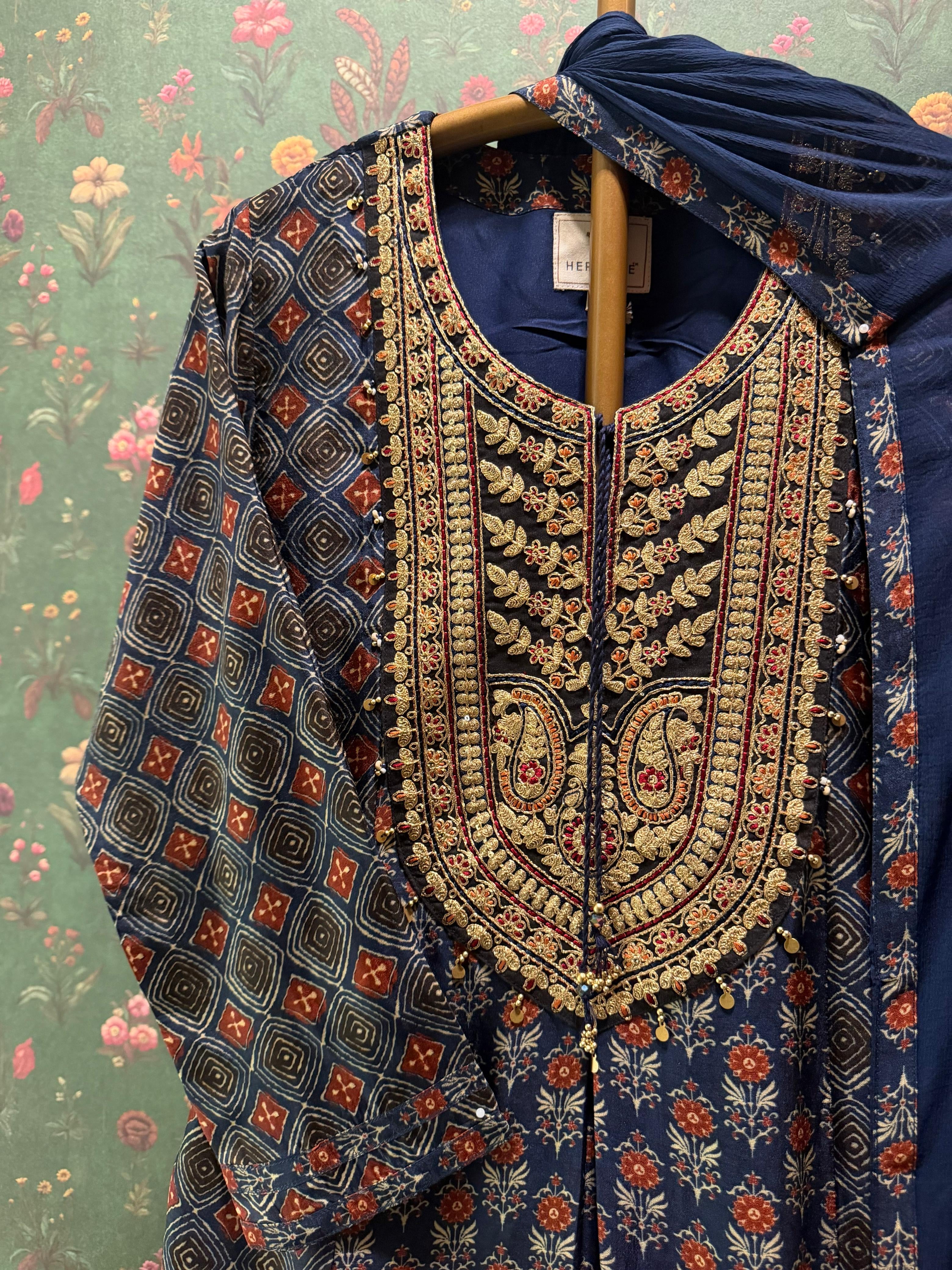 Blue Ajrakh A-Line Chanderi Silk Suit Set | HER-635 x Prachi