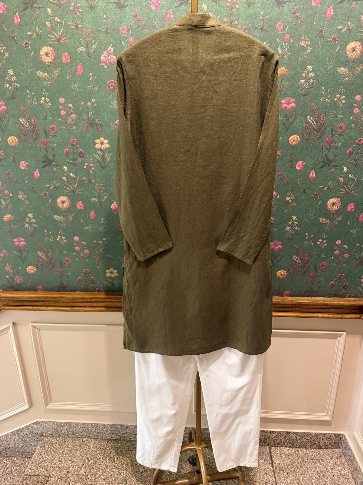 Men’s Pure Linen Kurta Pajama Set – Olive Green
