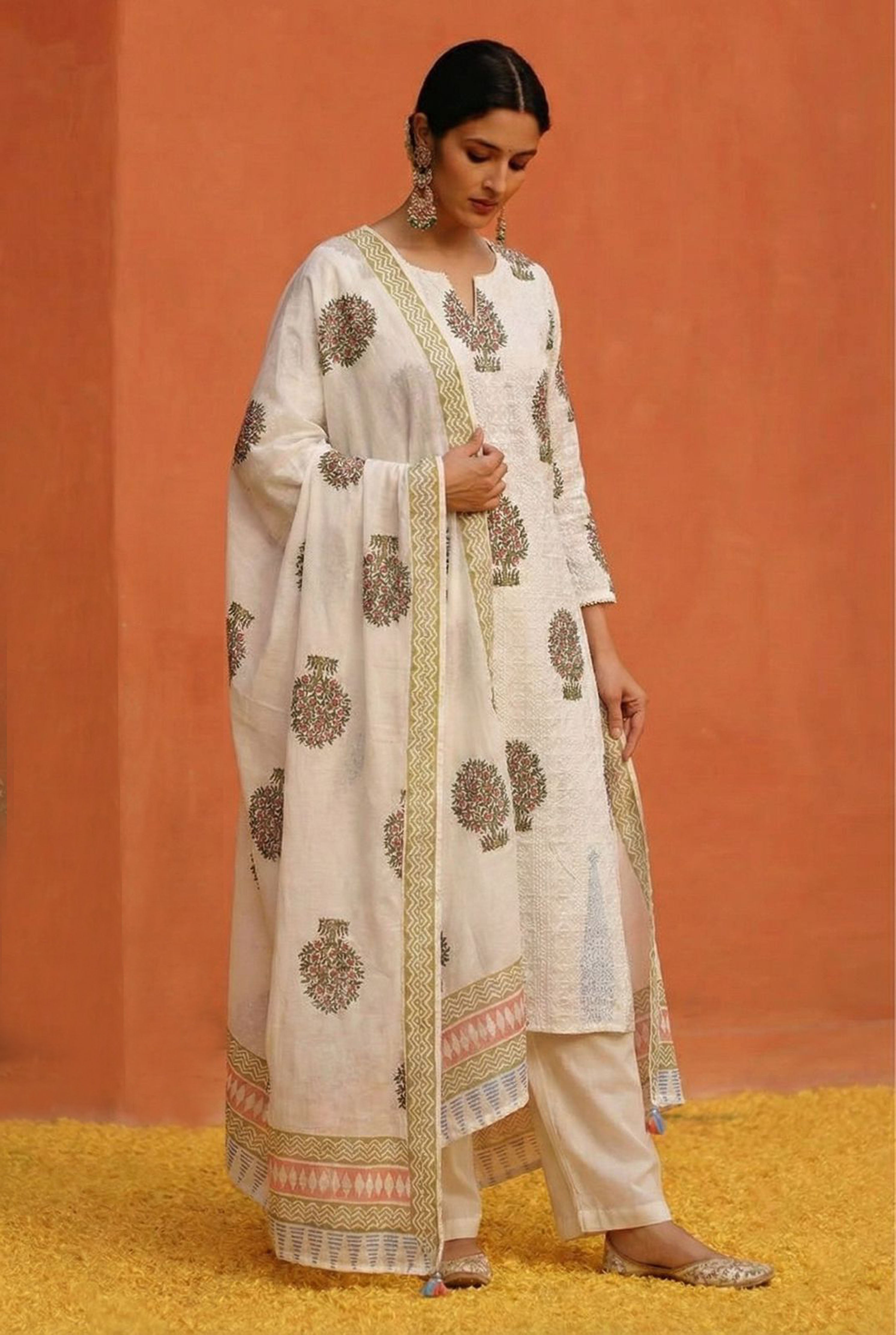White Straight Fit Cotton Suit Set (With Pants and Dupatta)
