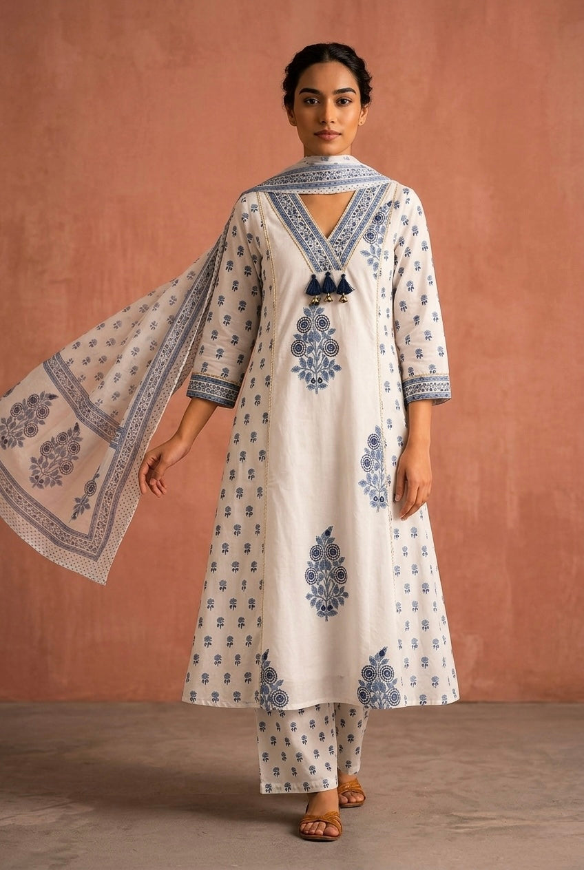 Ivory Blue Floral Printed A-Line Suit Set | HER-716
