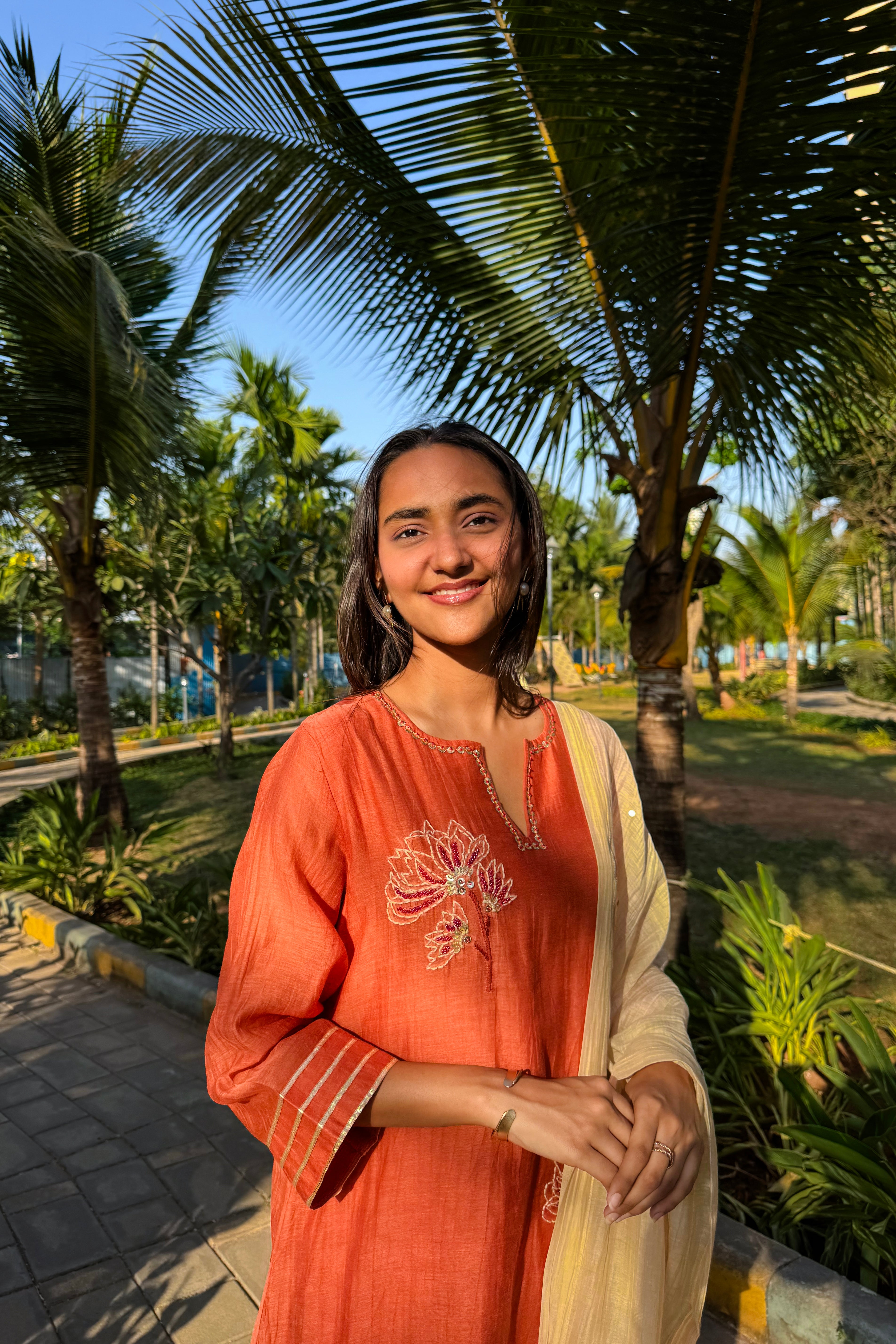 Rust Orange Embroidered A-Line Mul Chanderi Suit Set x Gargi Shah | HER-624