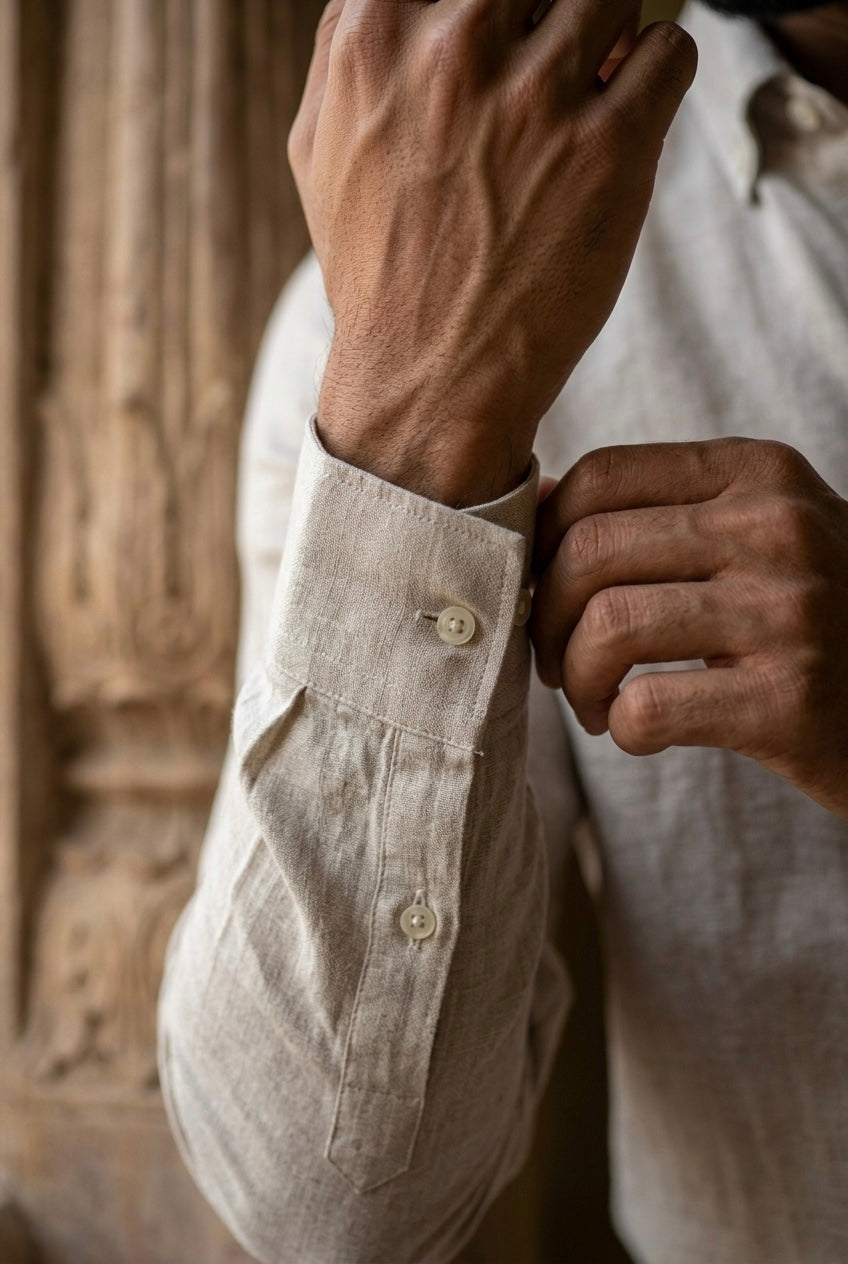 Men’s Pure Linen Full Sleeves Shirt – Natural Beige Fine Textured Print