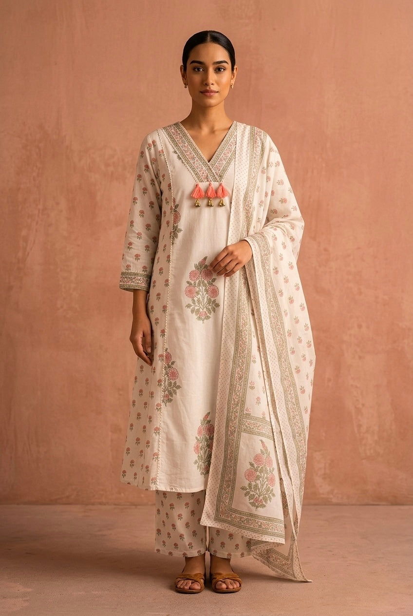 Ivory Floral Hand Block A-Line Cotton Suit Set | HER-716