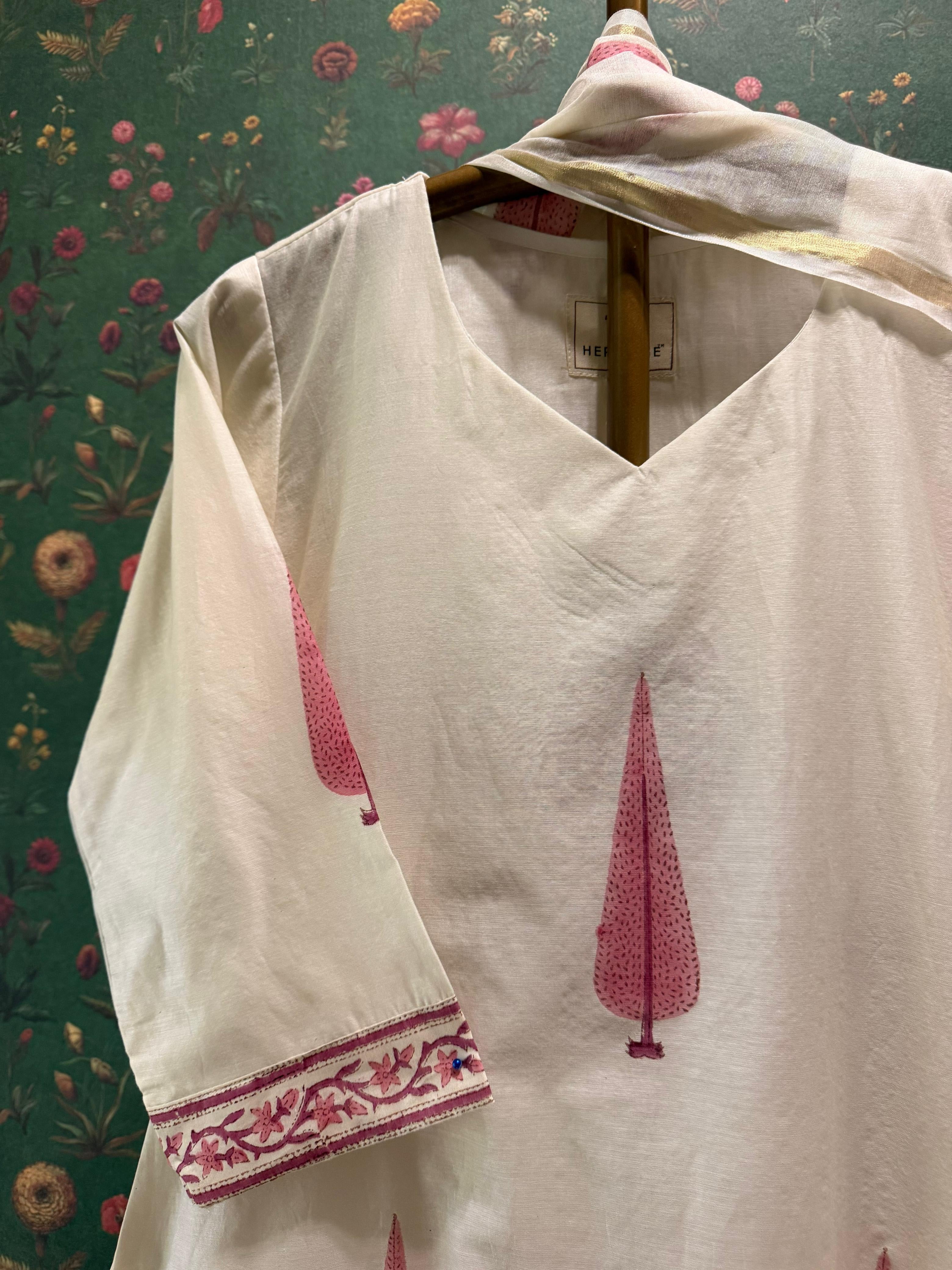 Ivory White & Rose Pink Printed Chanderi Suit Set | HER-760