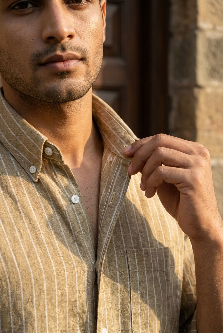 Tan Stripe Men’s Pure Linen Full Sleeves Shirt