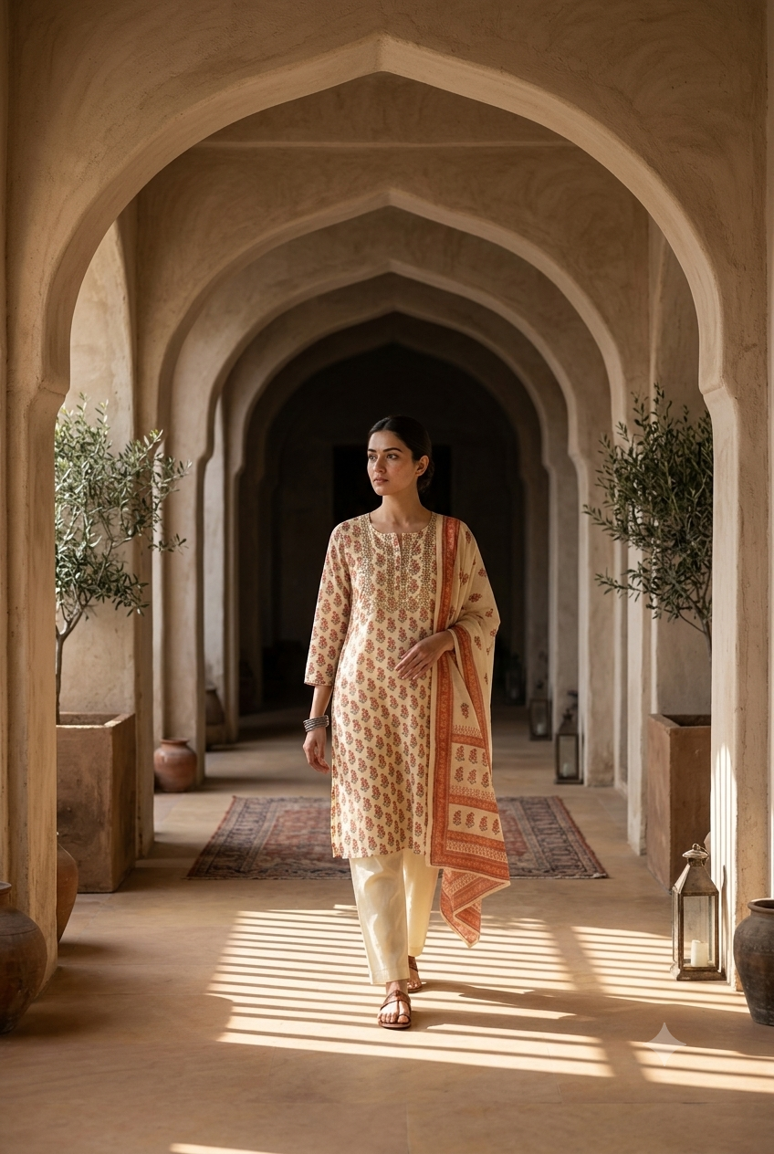 Gulmohar Ivory Chanderi Suit Set | HER-213