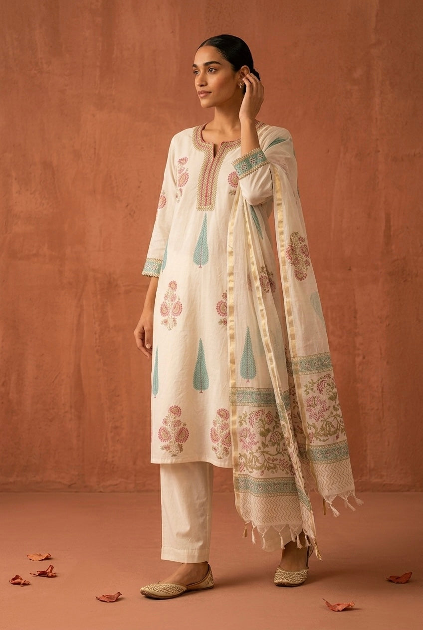 Ivory White Floral Printed Chanderi Suit Set | HER-757
