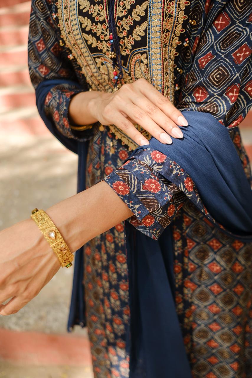 Blue Ajrakh A-Line Chanderi Silk Suit Set | HER-635 x Prachi