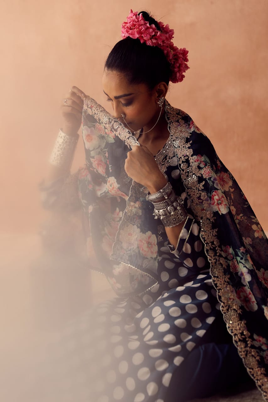 Blue Polka Chanderi Kurta Set | HER-253