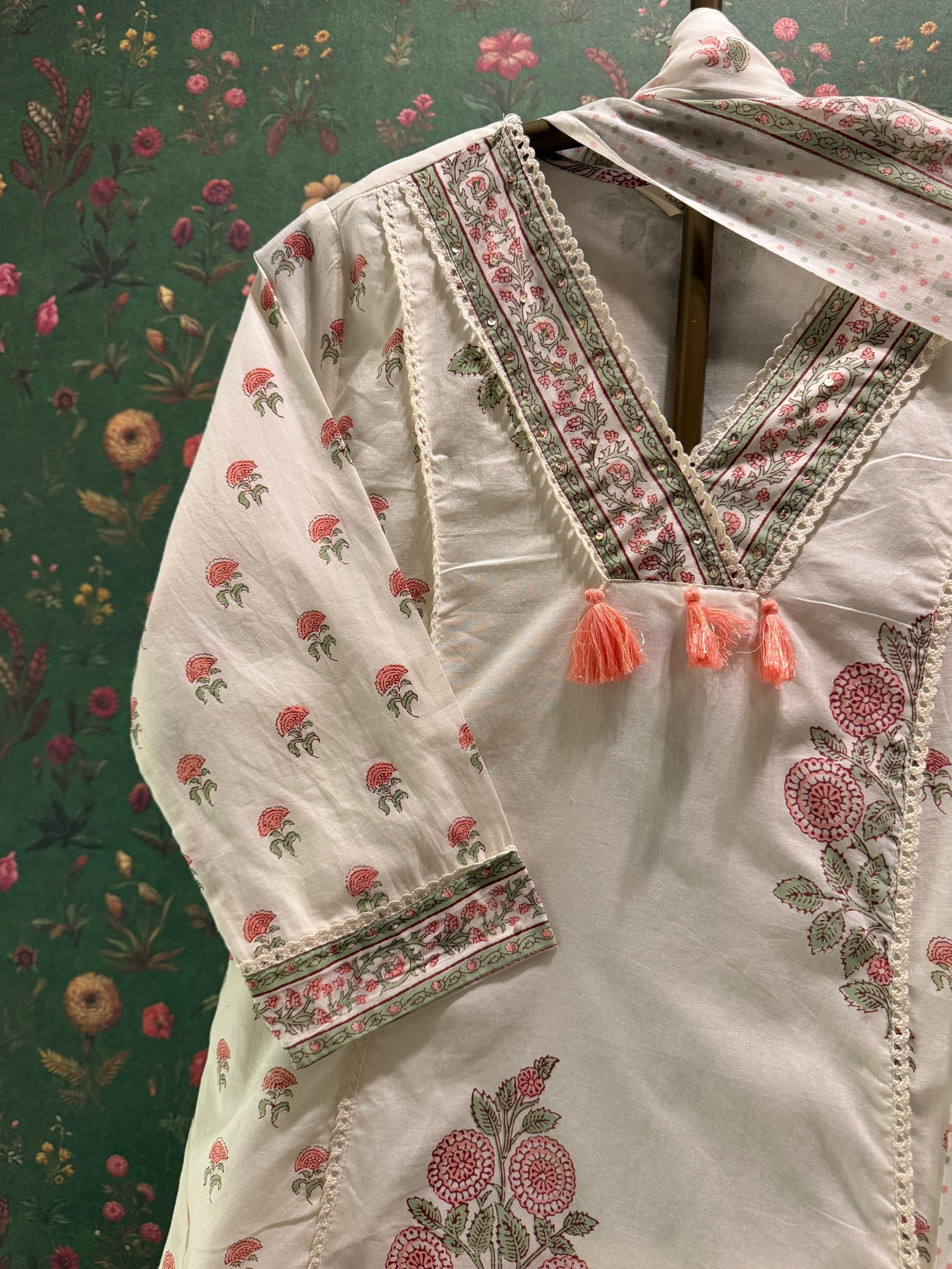 Ivory Floral Hand Block A-Line Cotton Suit Set | HER-716