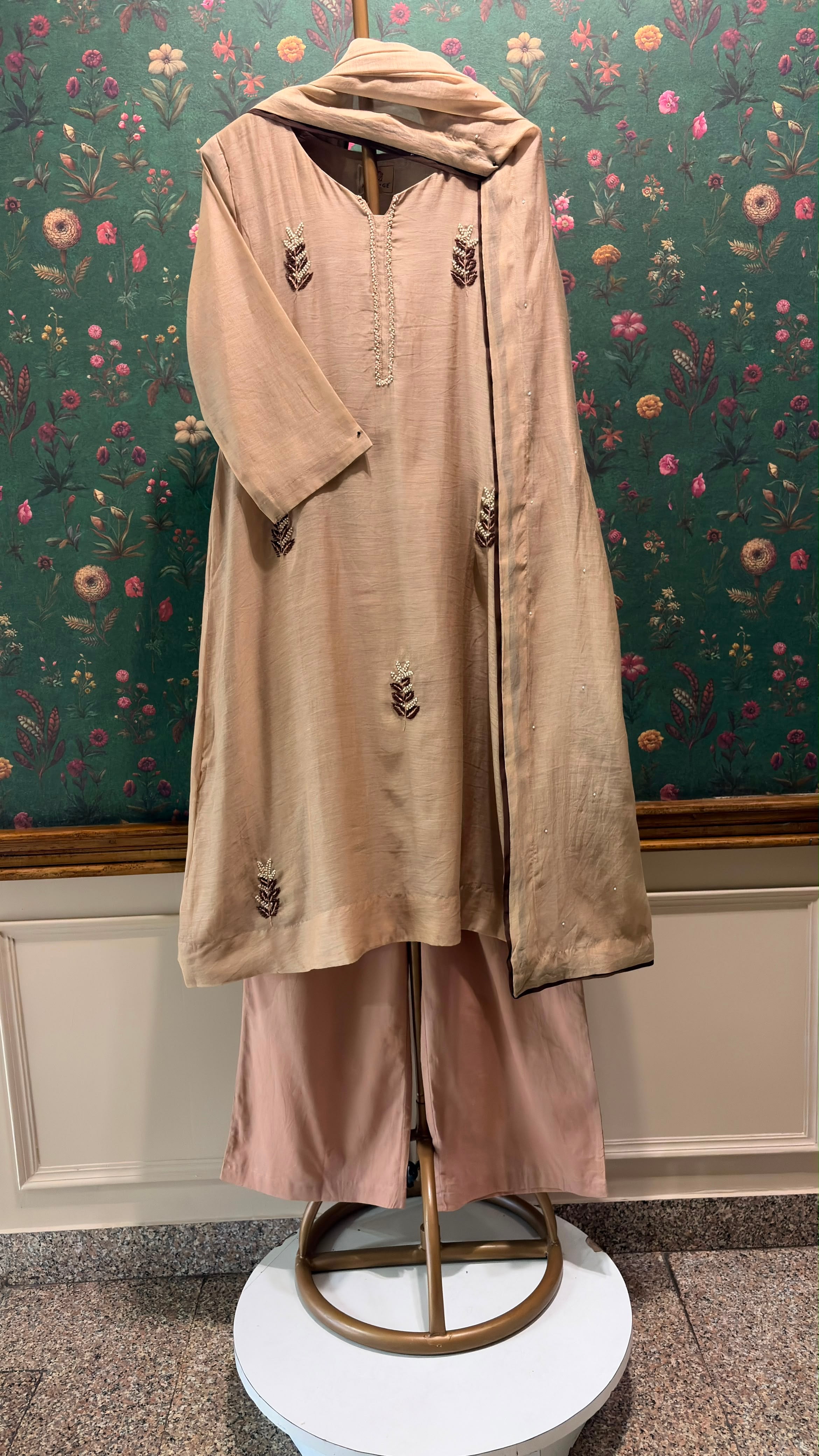 Champagne Beige Embellished Mul Chanderi A-Line Suit Set