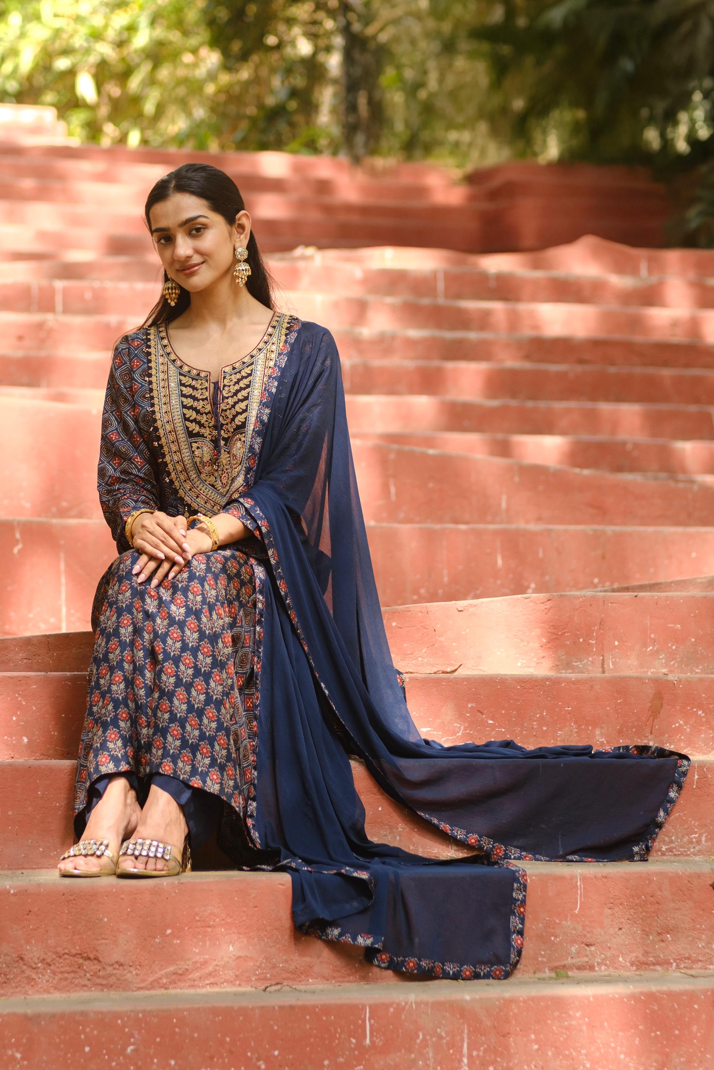 Blue Ajrakh A-Line Chanderi Silk Suit Set | HER-635 x Prachi