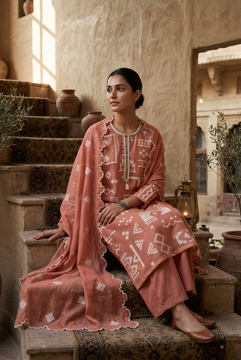Coral Ikat-Inspired Chanderi Suit Set
