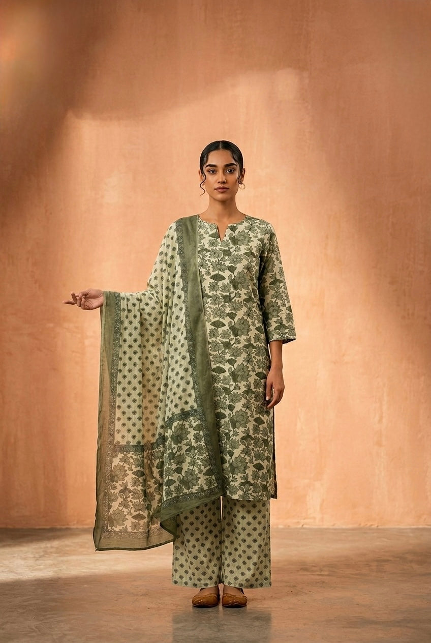 Sage Green Floral Printed Cotton Suit Set | HER-727