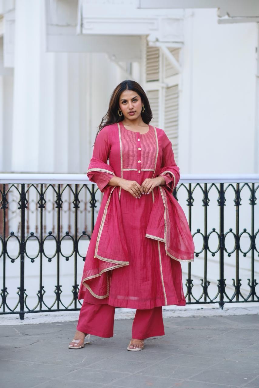 Meher Handcrafted Mul Chanderi A-Line Suit Set | HER-621