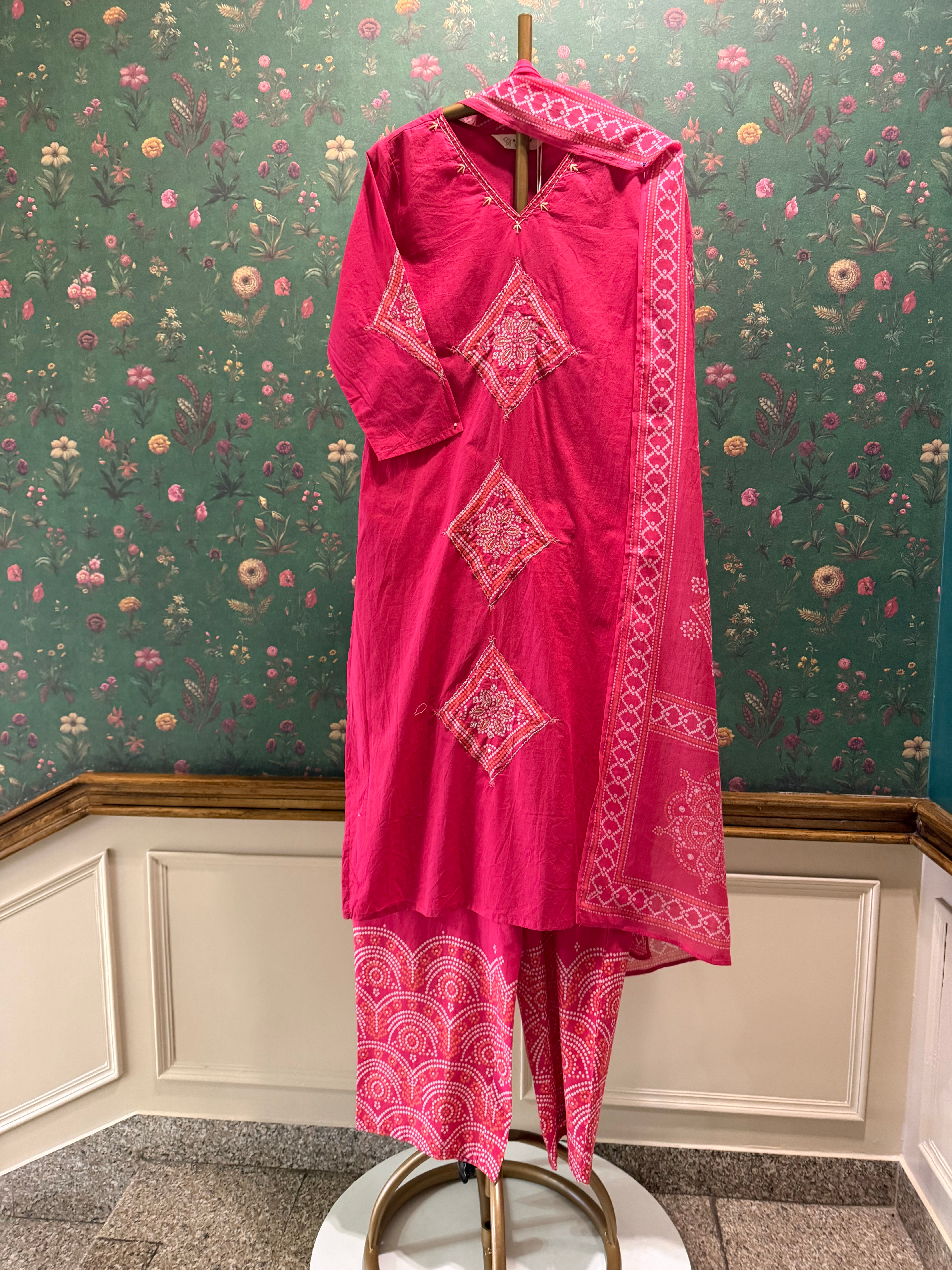 Fuchsia Pink Embroidered Cotton Suit Set | HER-718
