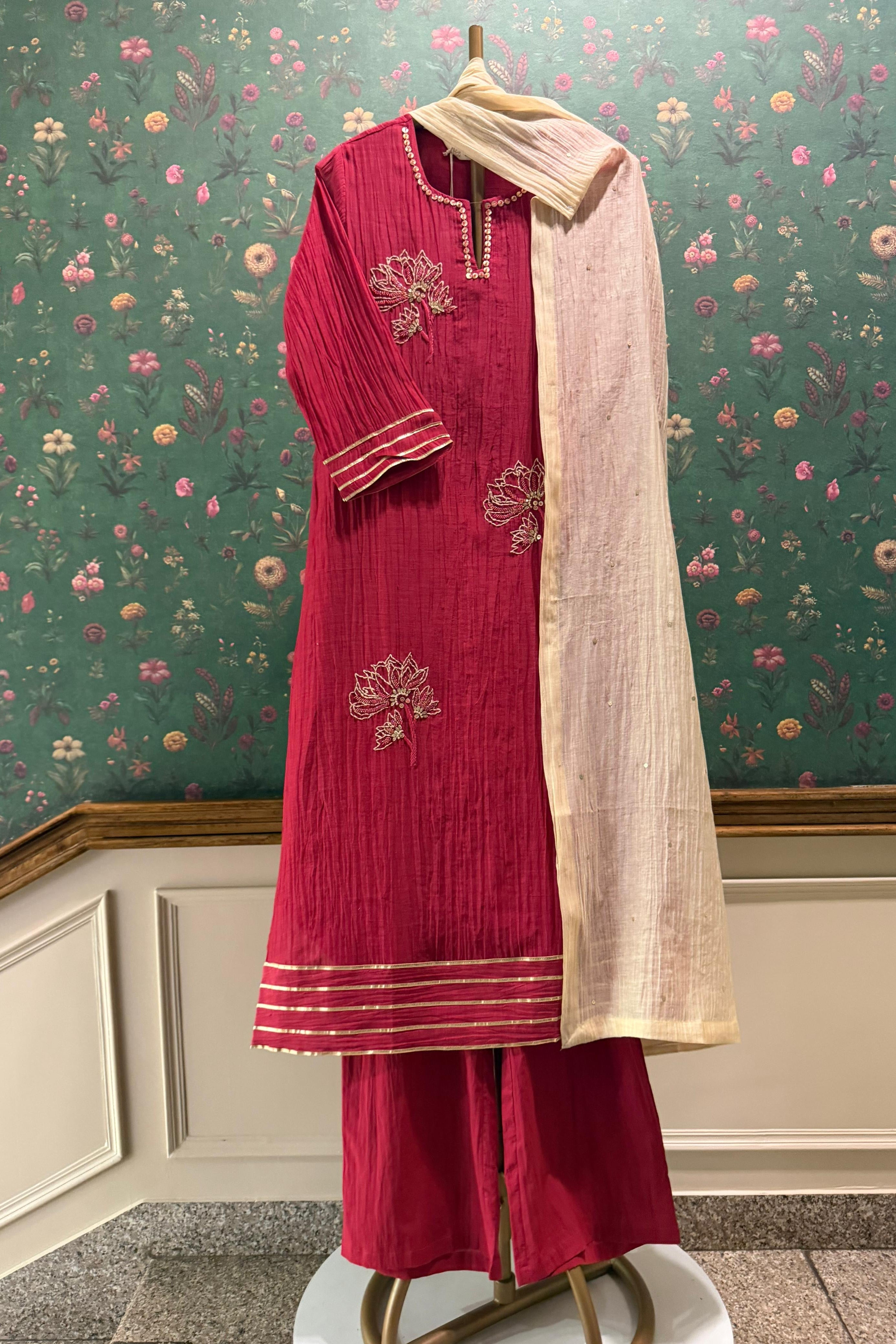 Gulbahaar Ruby Red Embroidered Suit Set | HER-624 PINK