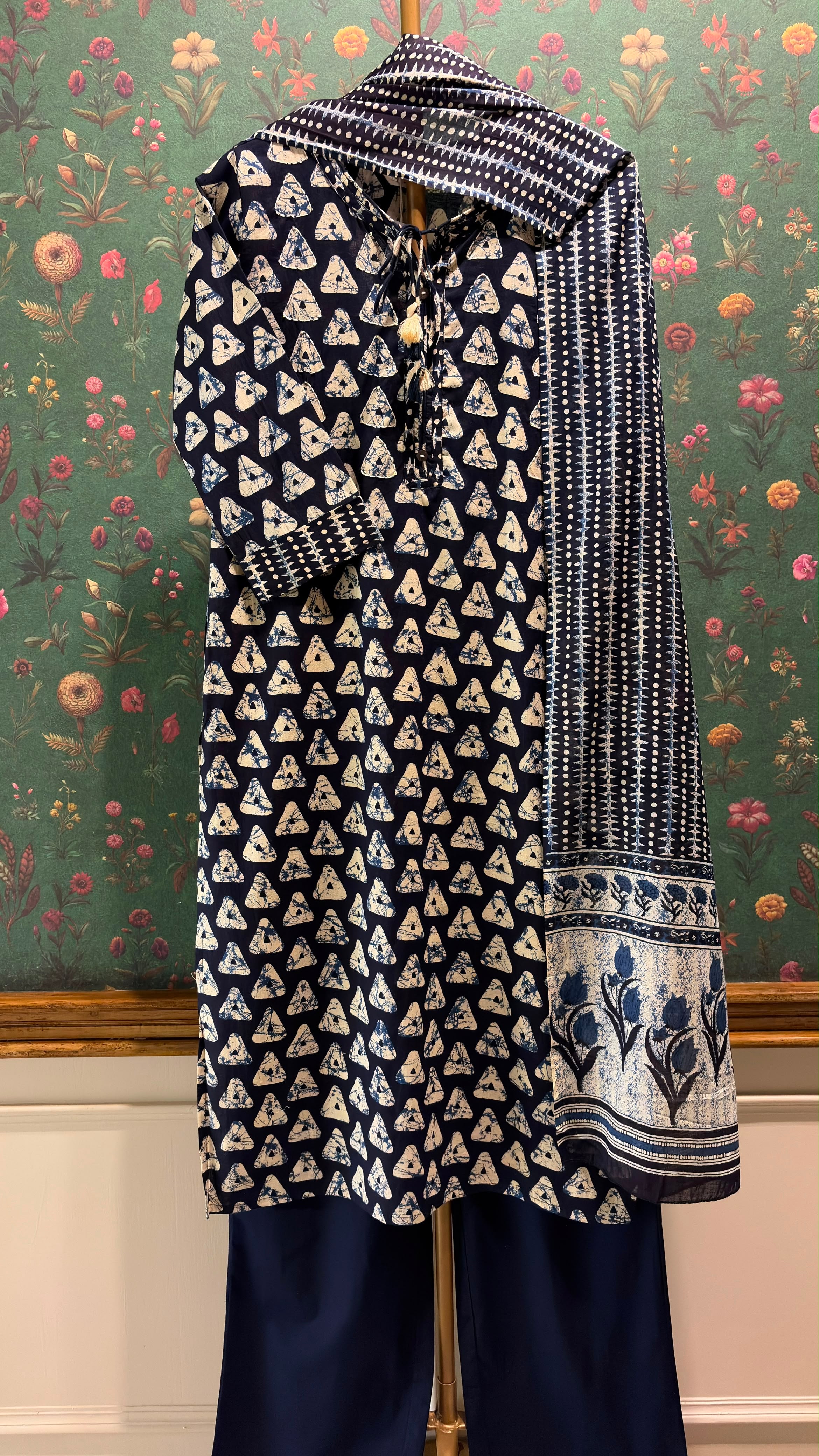 Indigo Blue Batik Printed Cotton Suit Set | HER-675