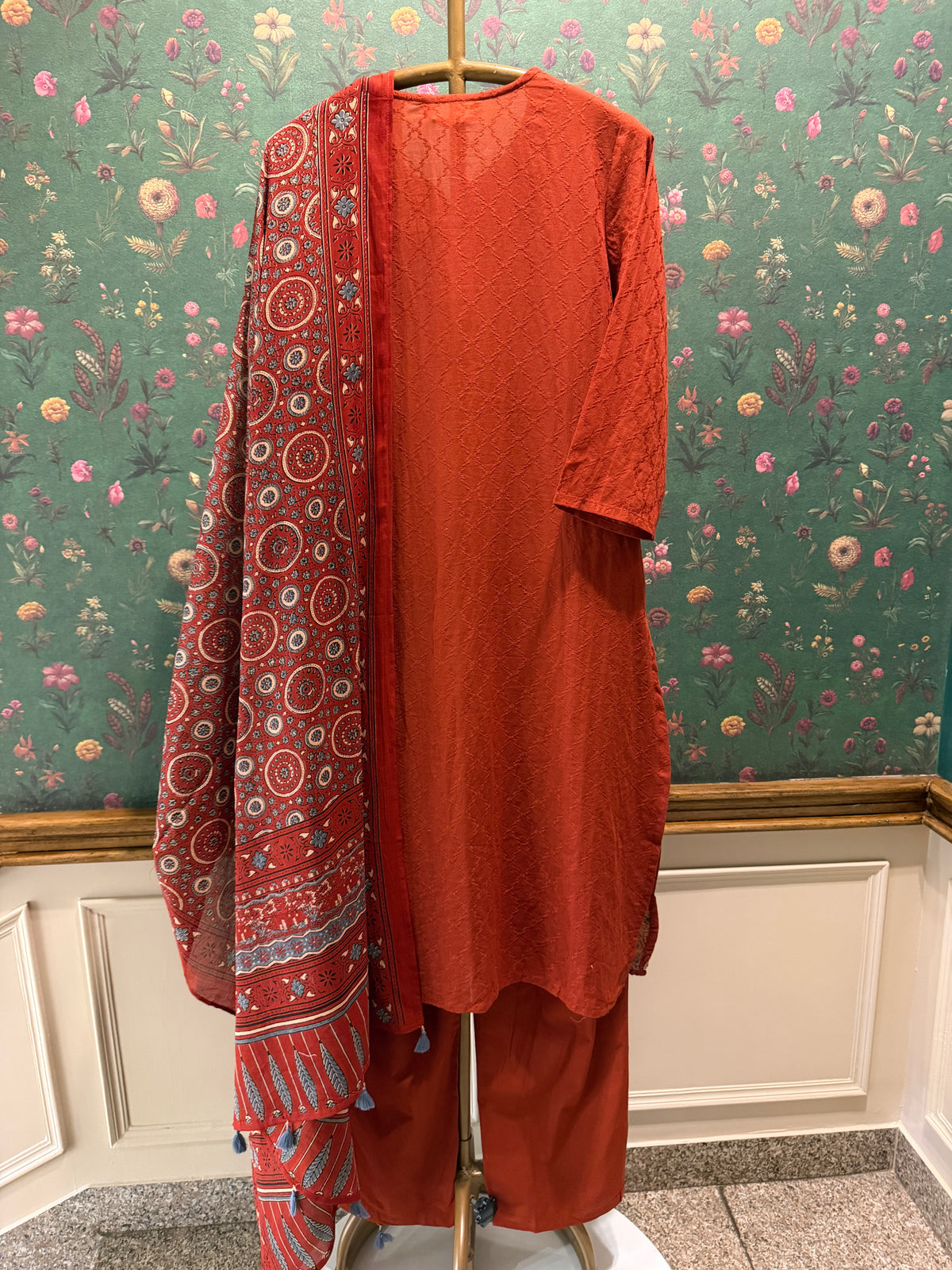 Rust Orange Embroidered Pure Cotton Suit Set