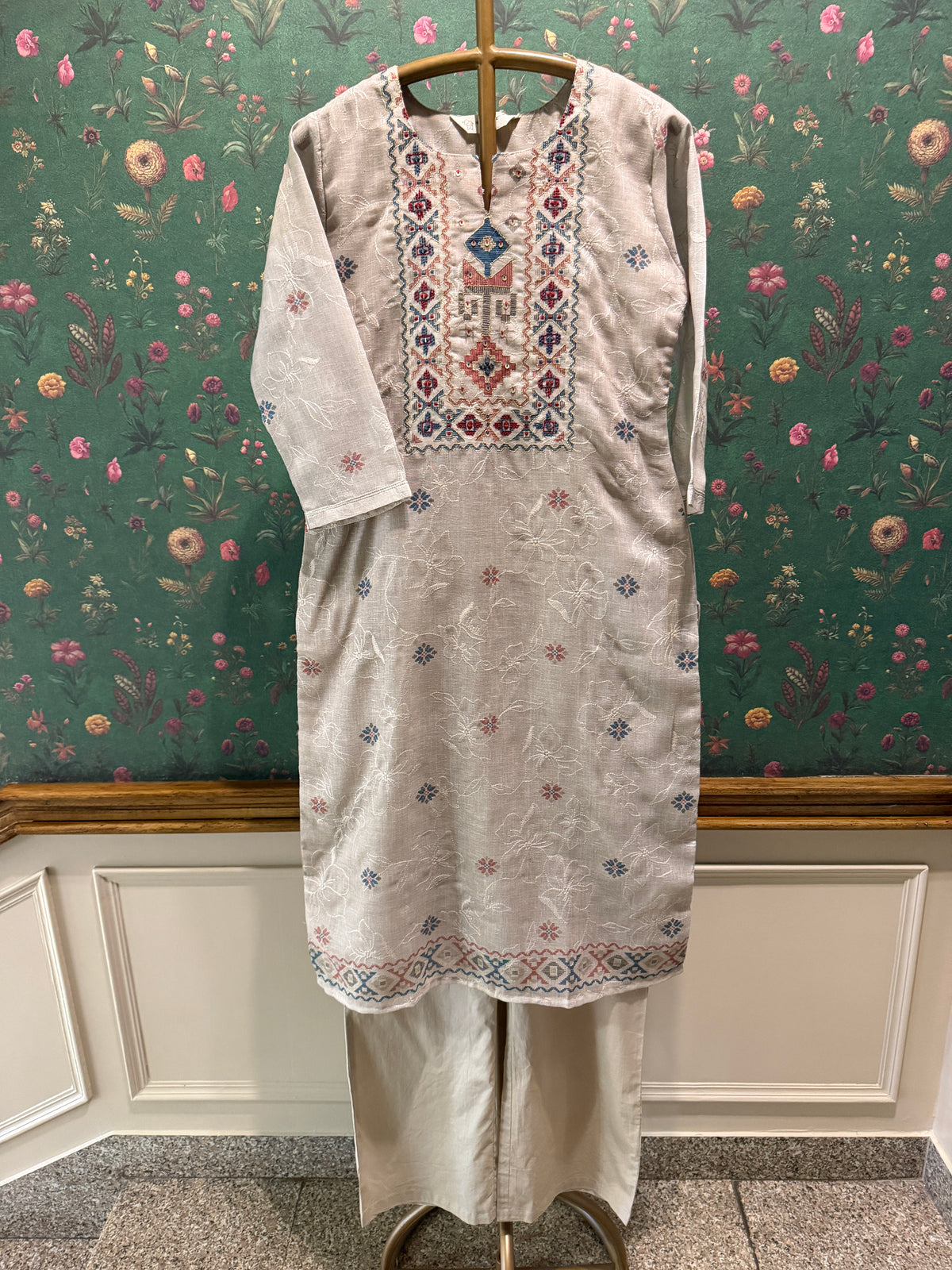 Warm Ivory Linen Embroidered Suit Set