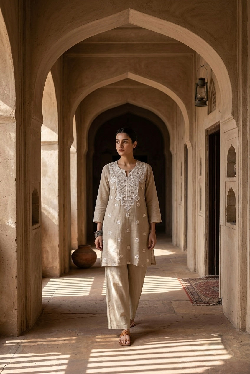 Sand Beige Mul-Chanderi Kurta/Co-ord Set