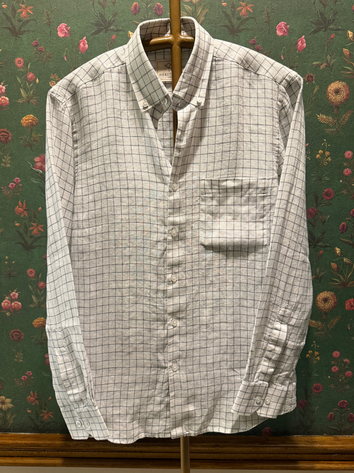 Men’s Ivory Grey Windowpane Check Pure Linen Full Sleeves Shirt