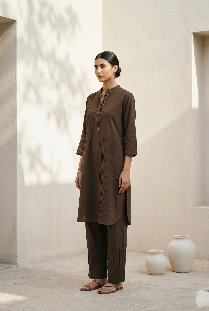 Mocha Brown Pintuck Kurta Set | HER-698