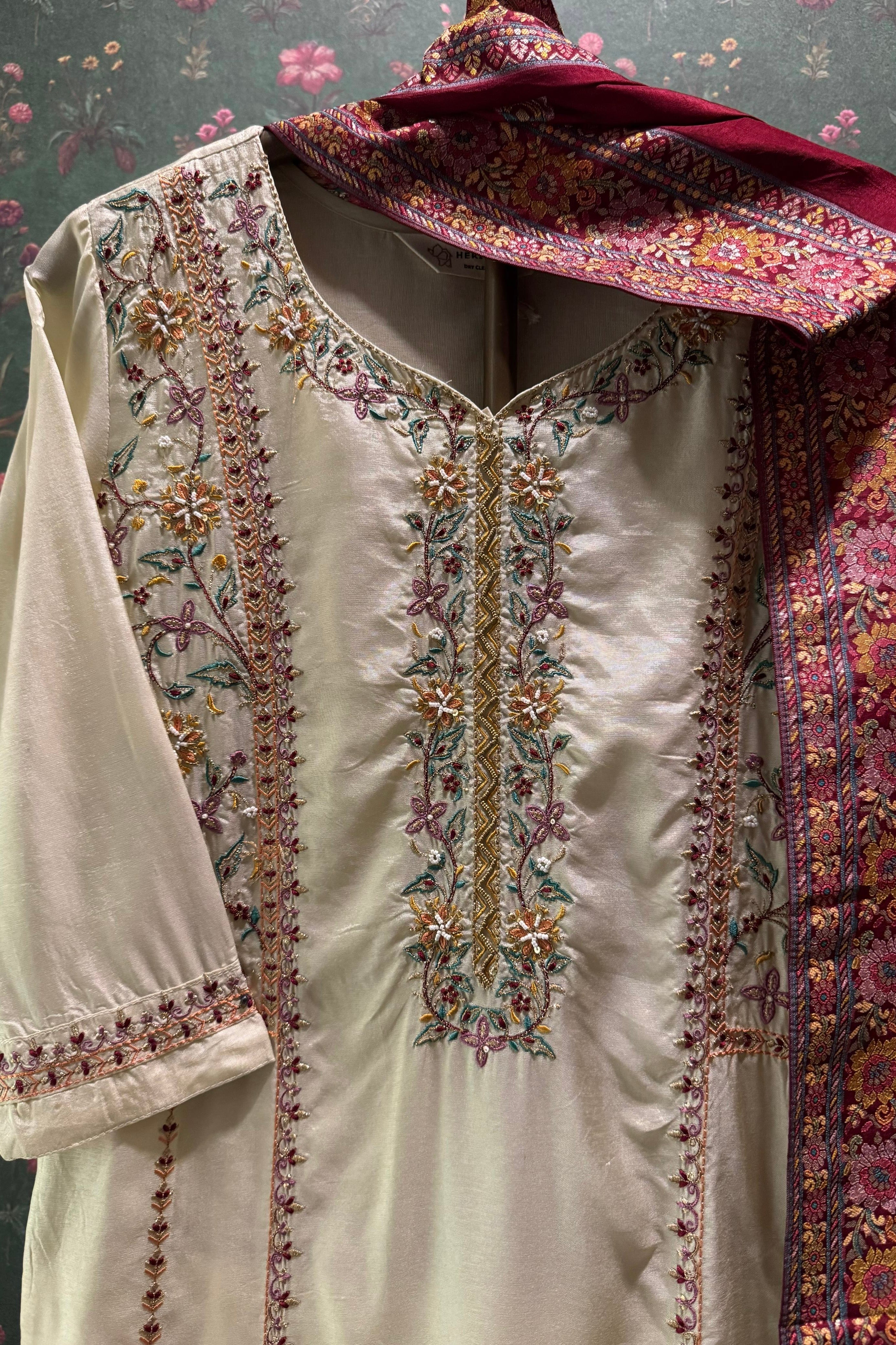 Arzoo Ivory Chanderi Embroidered Suit Set with Maroon Banarasi Dupatta | HER-551