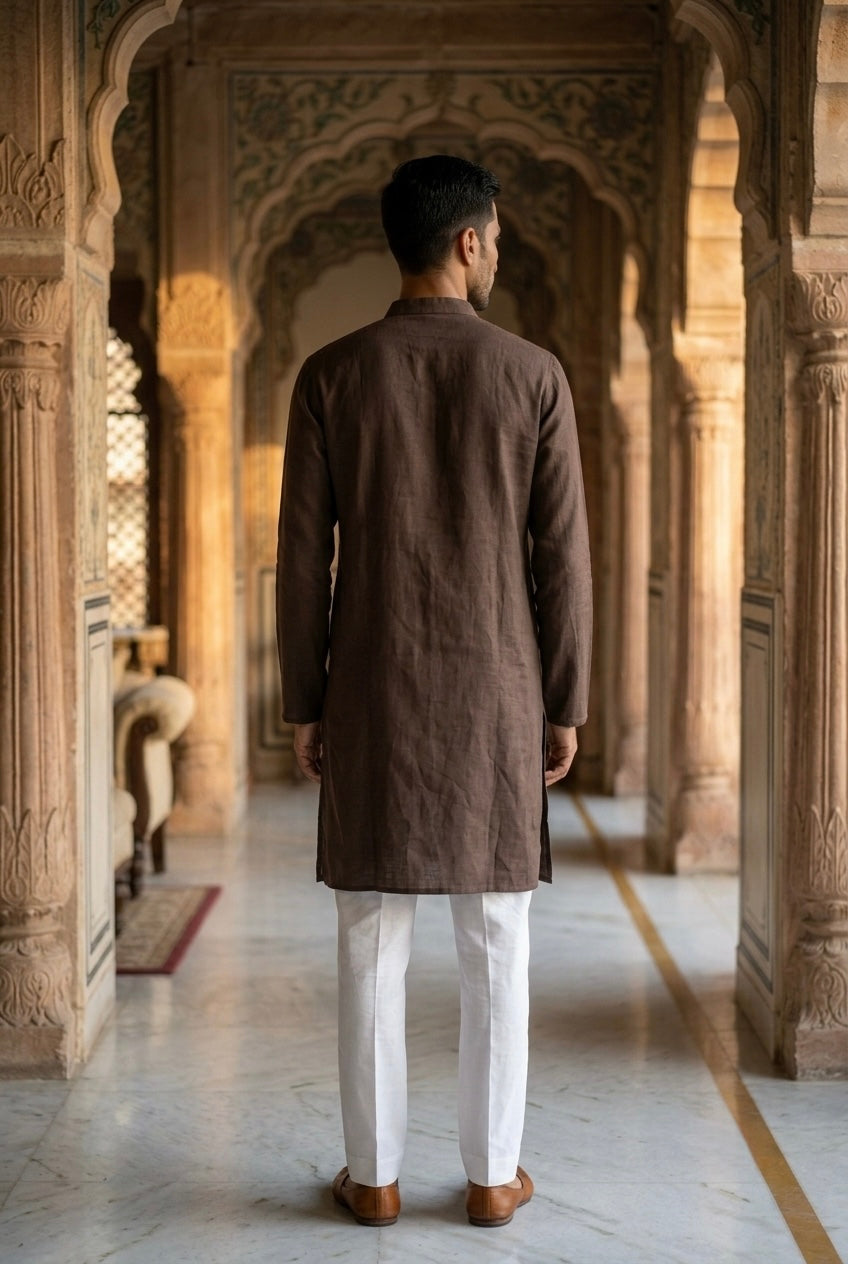 Men’s Pure Linen Kurta Pajama Set - Dark Chocolate Brown