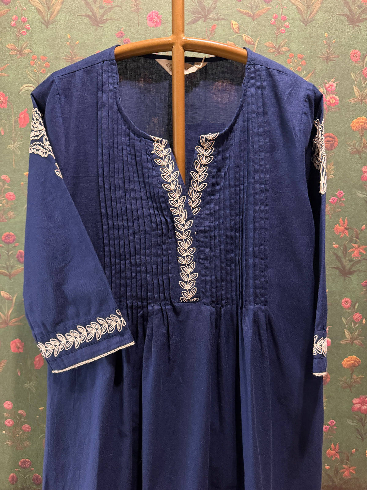 Navy Blue Pleated Embroidered Kurta Set