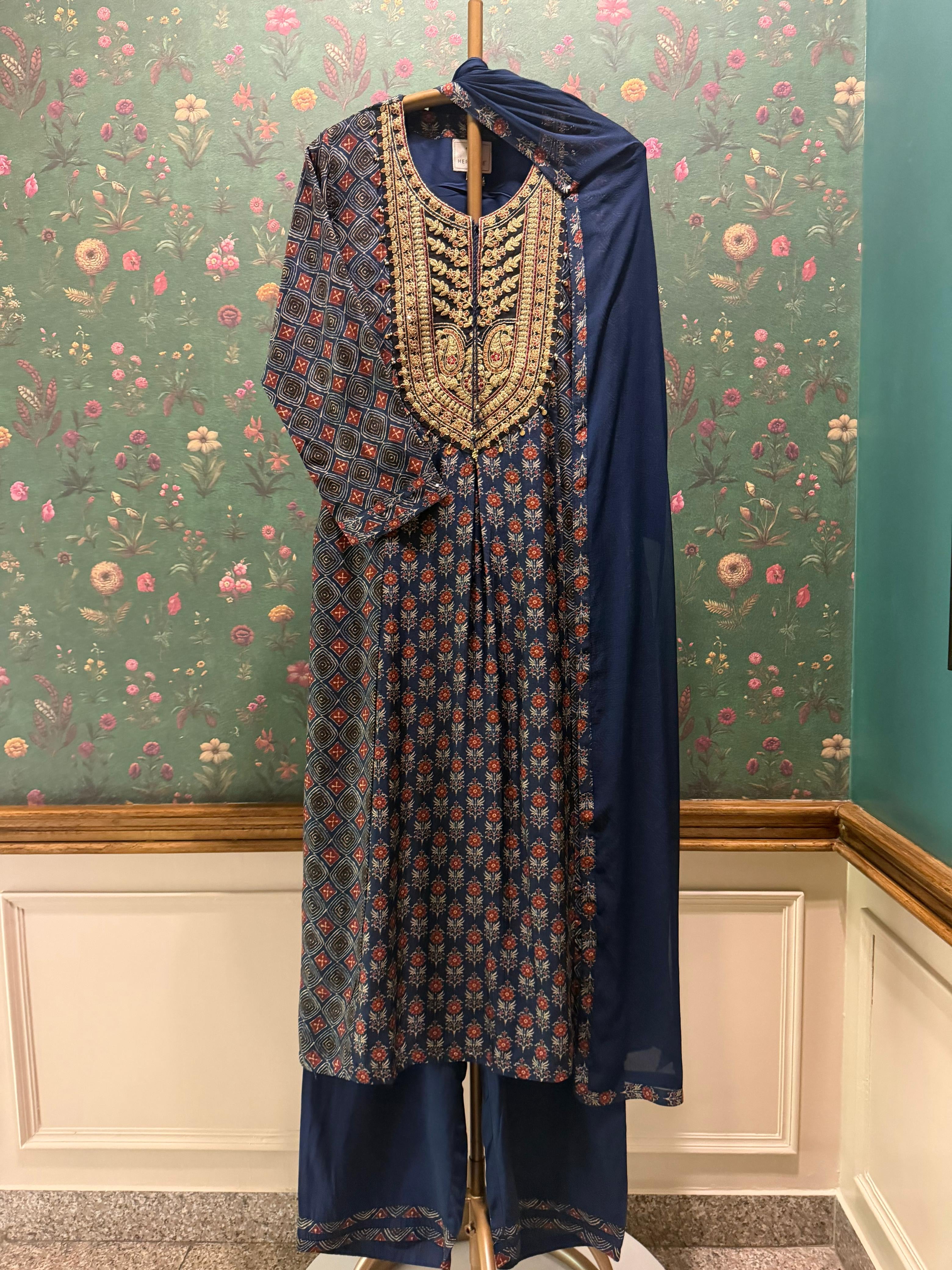 Blue Ajrakh A-Line Chanderi Silk Suit Set | HER-635 x Prachi