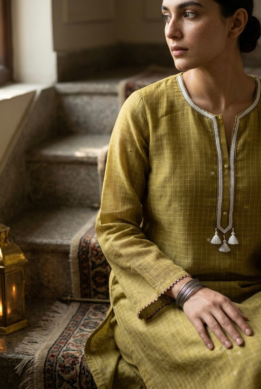Olive Mustard Handwoven Check Pure Chanderi Suit Set