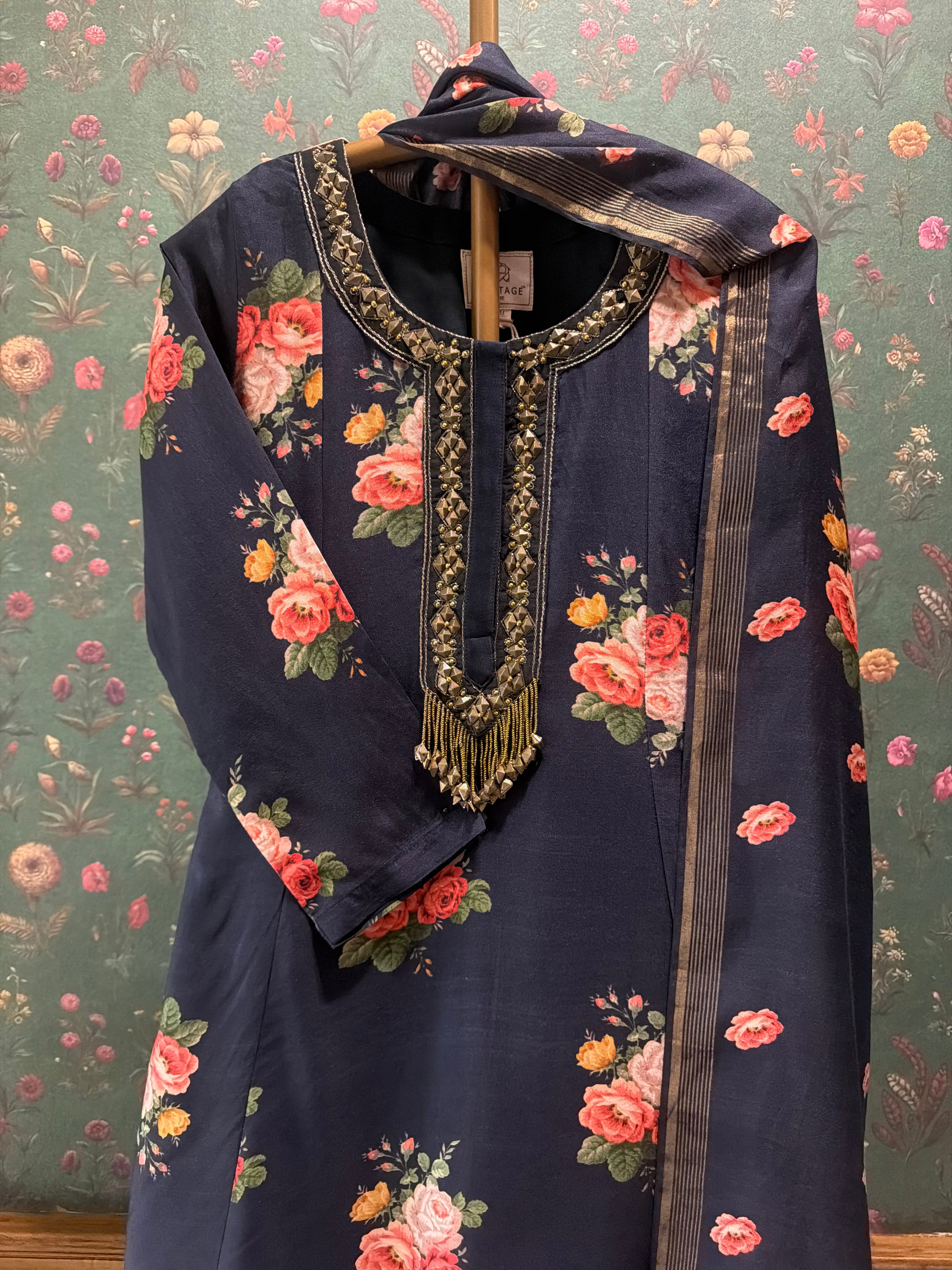 Twilight Black Floral Chanderi A-Line Suit Set x Celina | HER-607