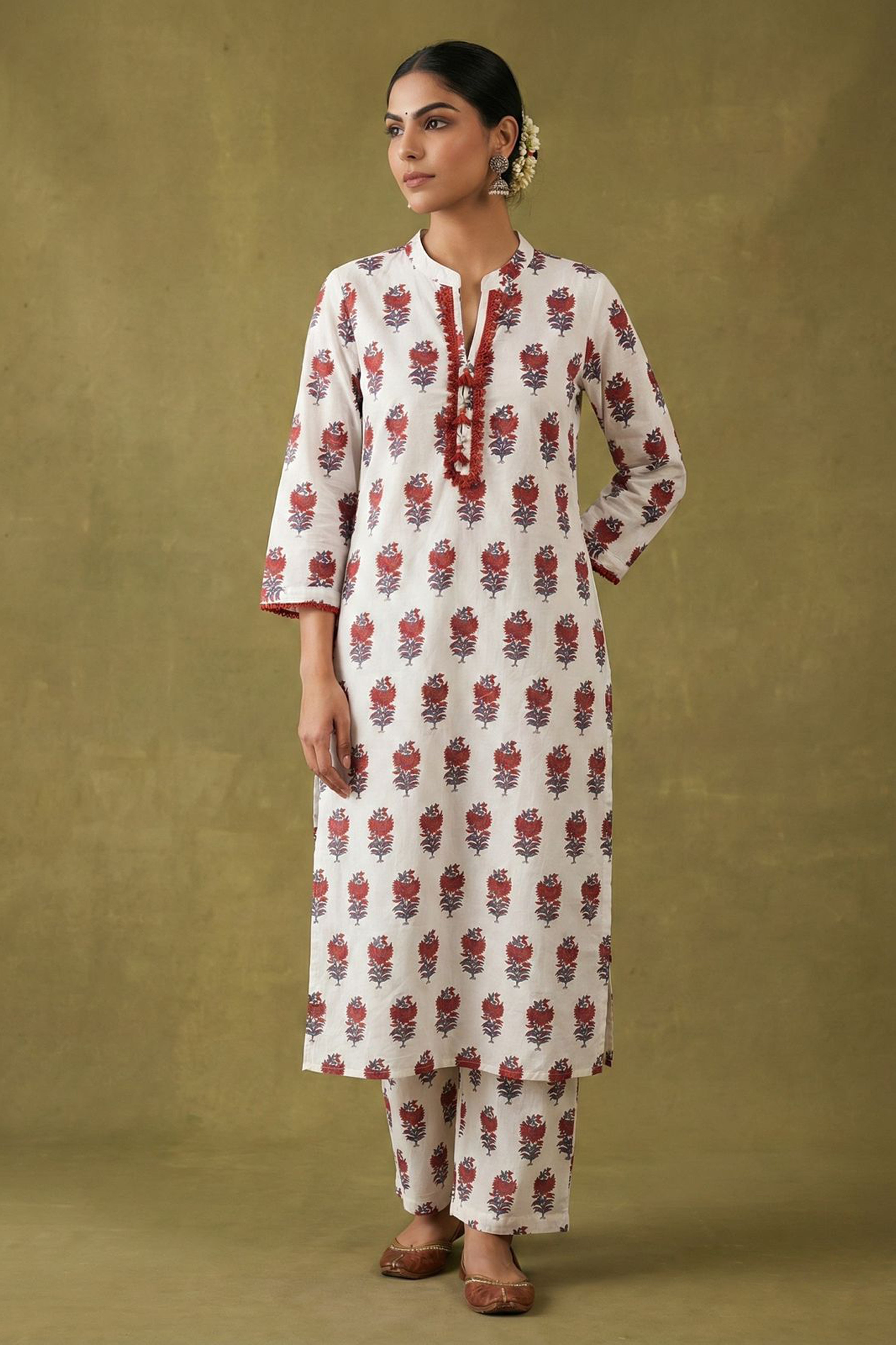 Cream & Red Straight fit Cotton Kurta set