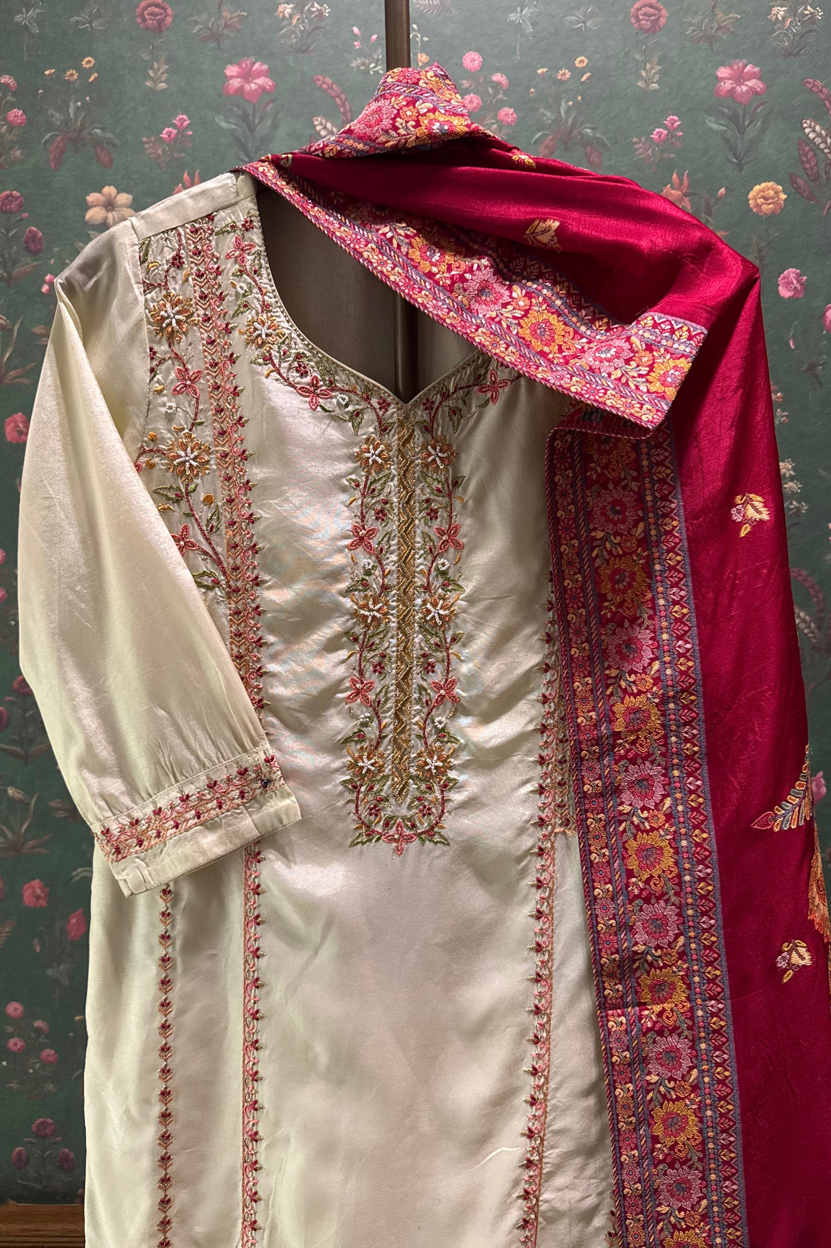 Arzoo Ivory Chanderi Embroidered Suit Set with Magenta Pink Banarasi Dupatta | HER-550