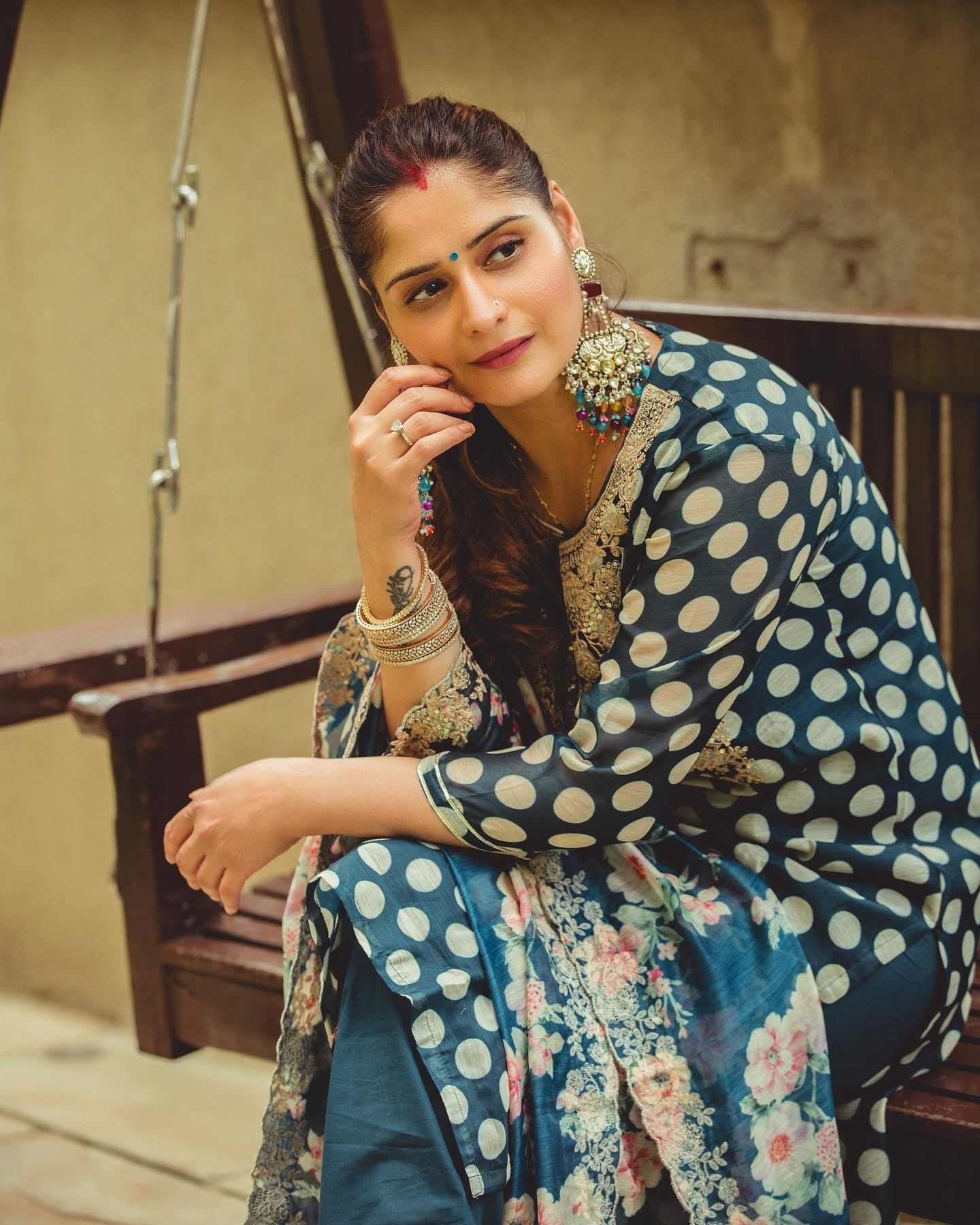 Blue Polka Chanderi Kurta Set | HER-253