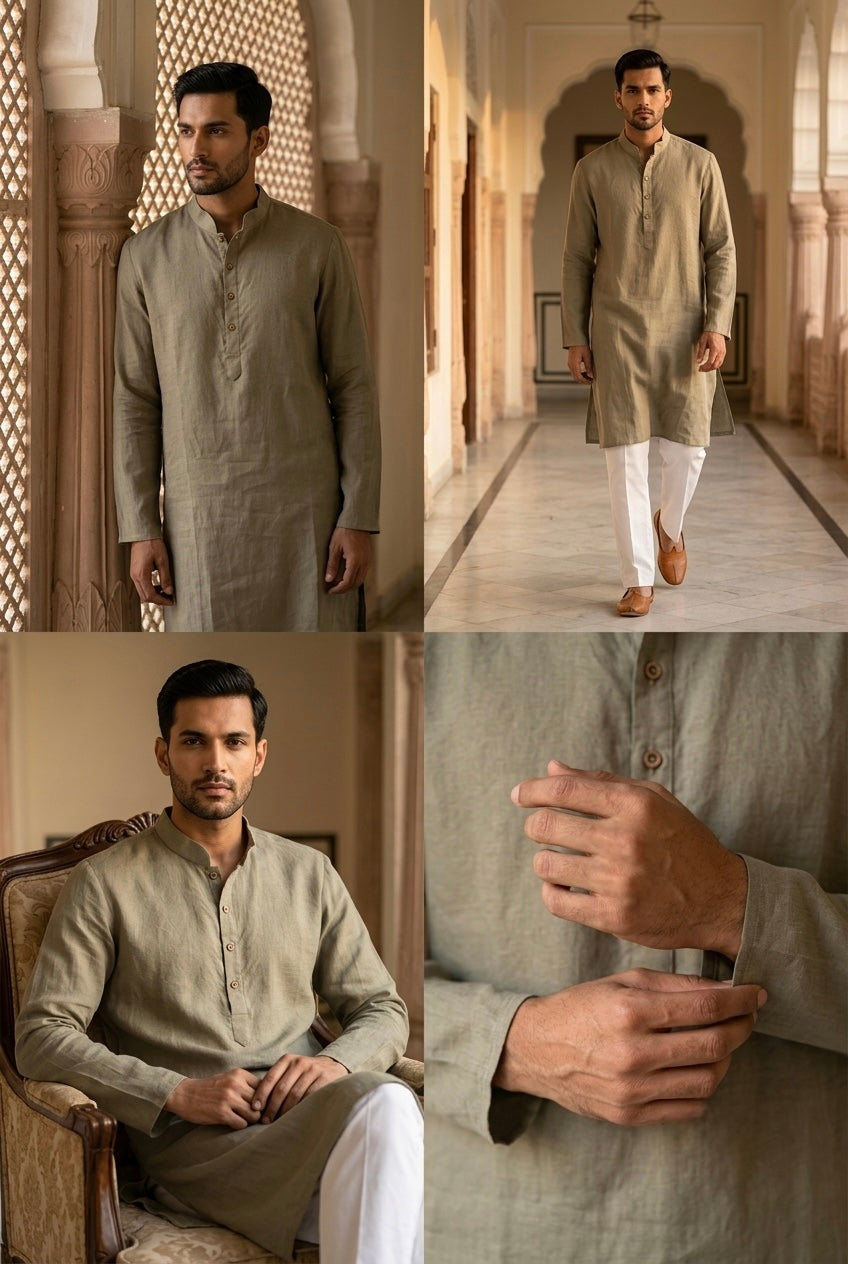 Men’s Pure Linen Kurta Pajama Set – Sage Green