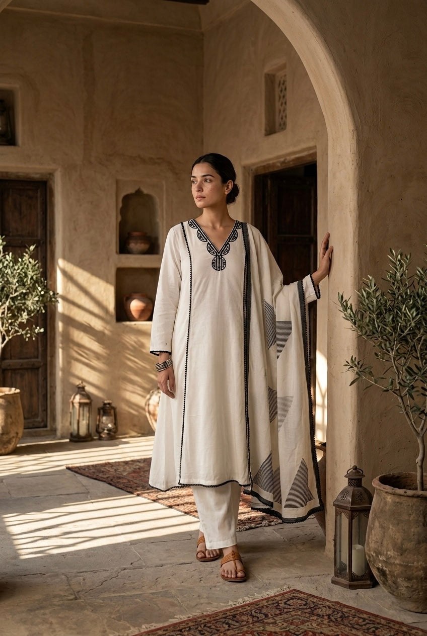 Ivory & Black Pure Linen A-line Suit Set | HER-823