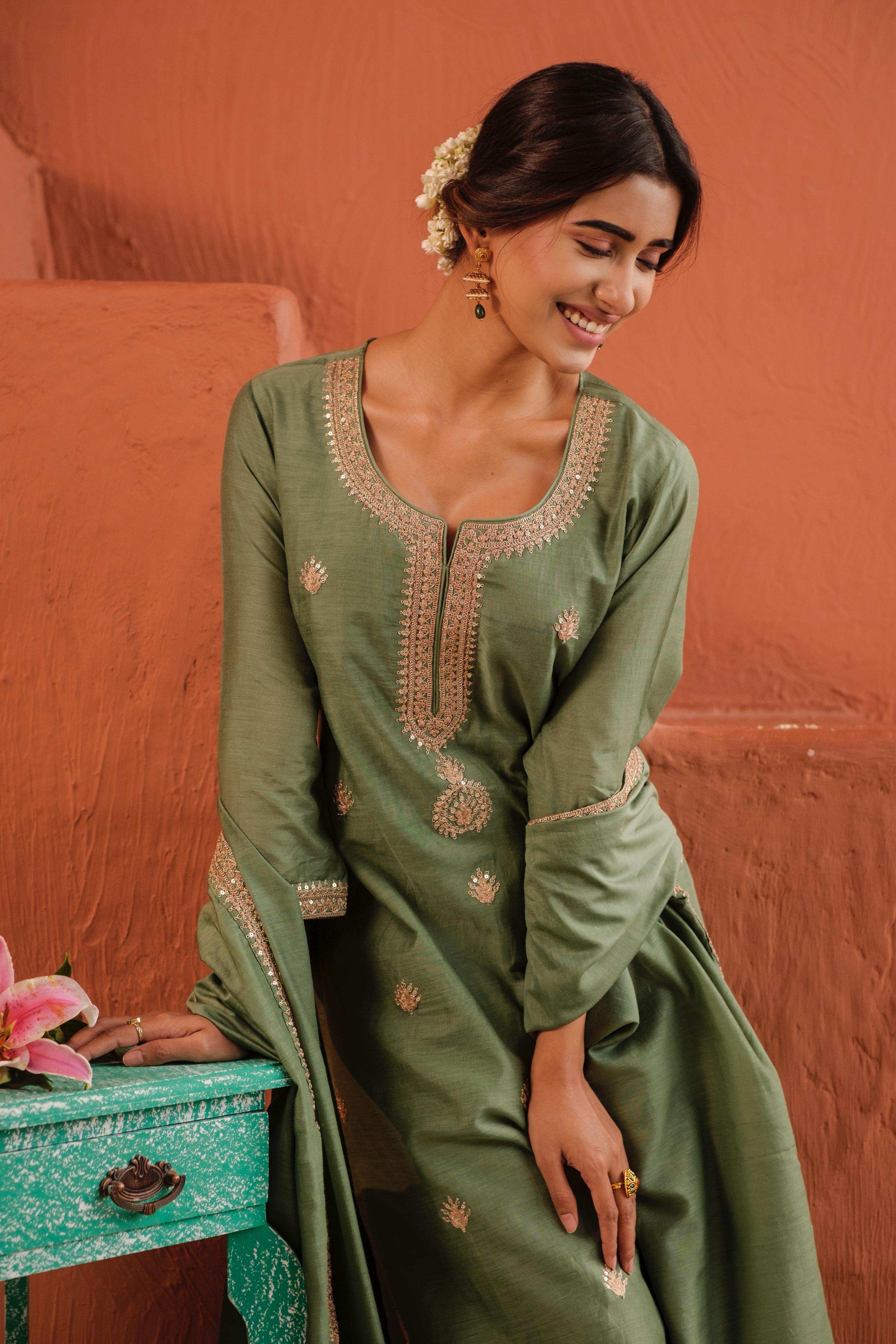 Aafreen Sage Green Mul Chanderi Embroidered Suit Set | HER-543